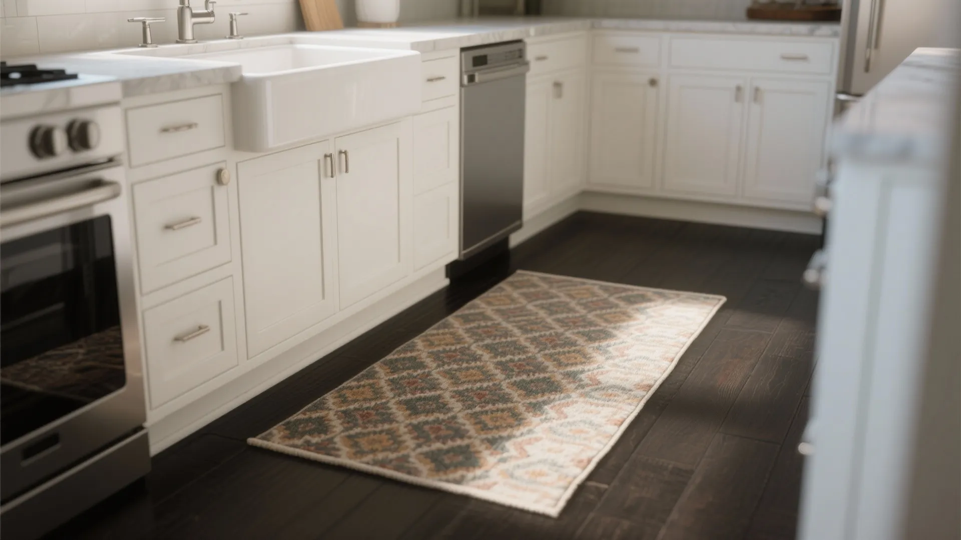 Modern kitchen with white cabinets dark wood floor and a patterned rug near the sink