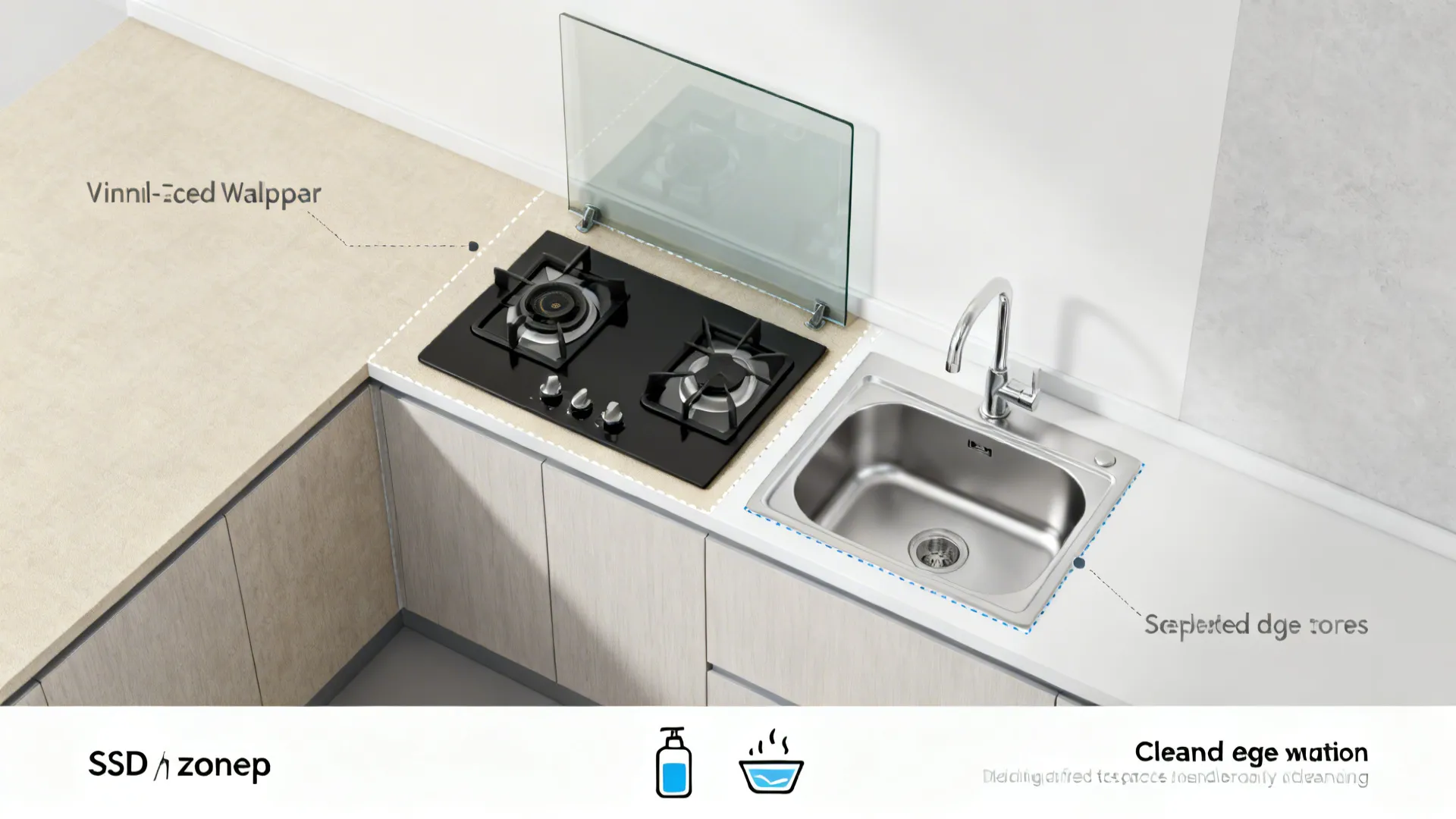 Top-down kitchen diagram highlighting safe wallpaper zones, glass behind cooktop, and sealed edges near sink.