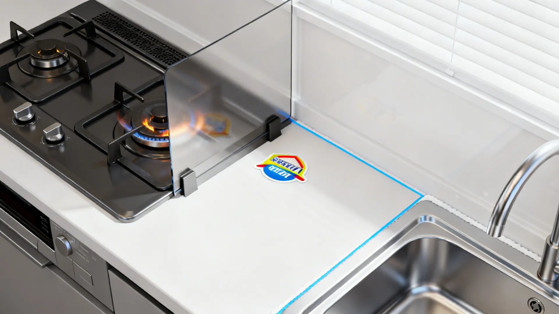 Top-down diagram of stove clearance and heat shield placement for vinyl wallpaper.