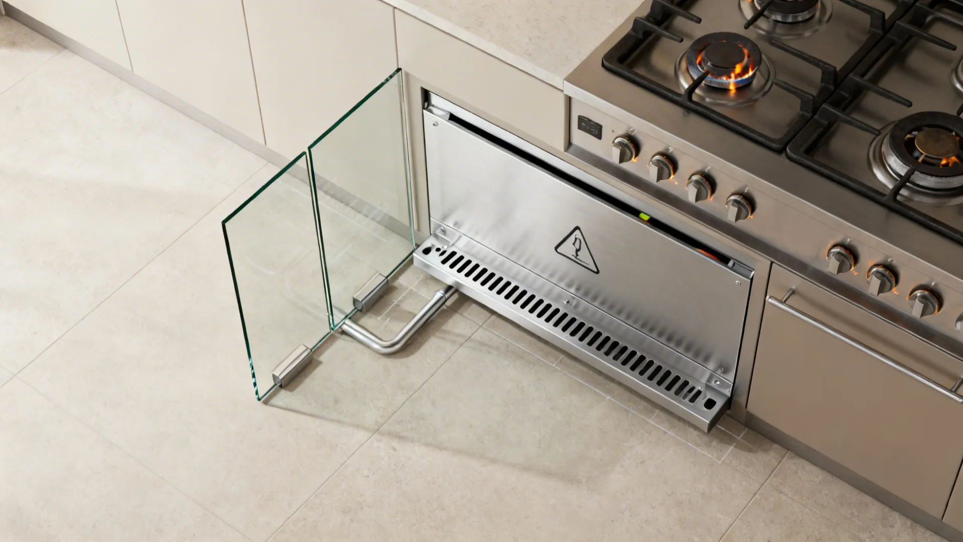Safety glass barrier installed next to a gas stove with burning flames in a modern kitchen