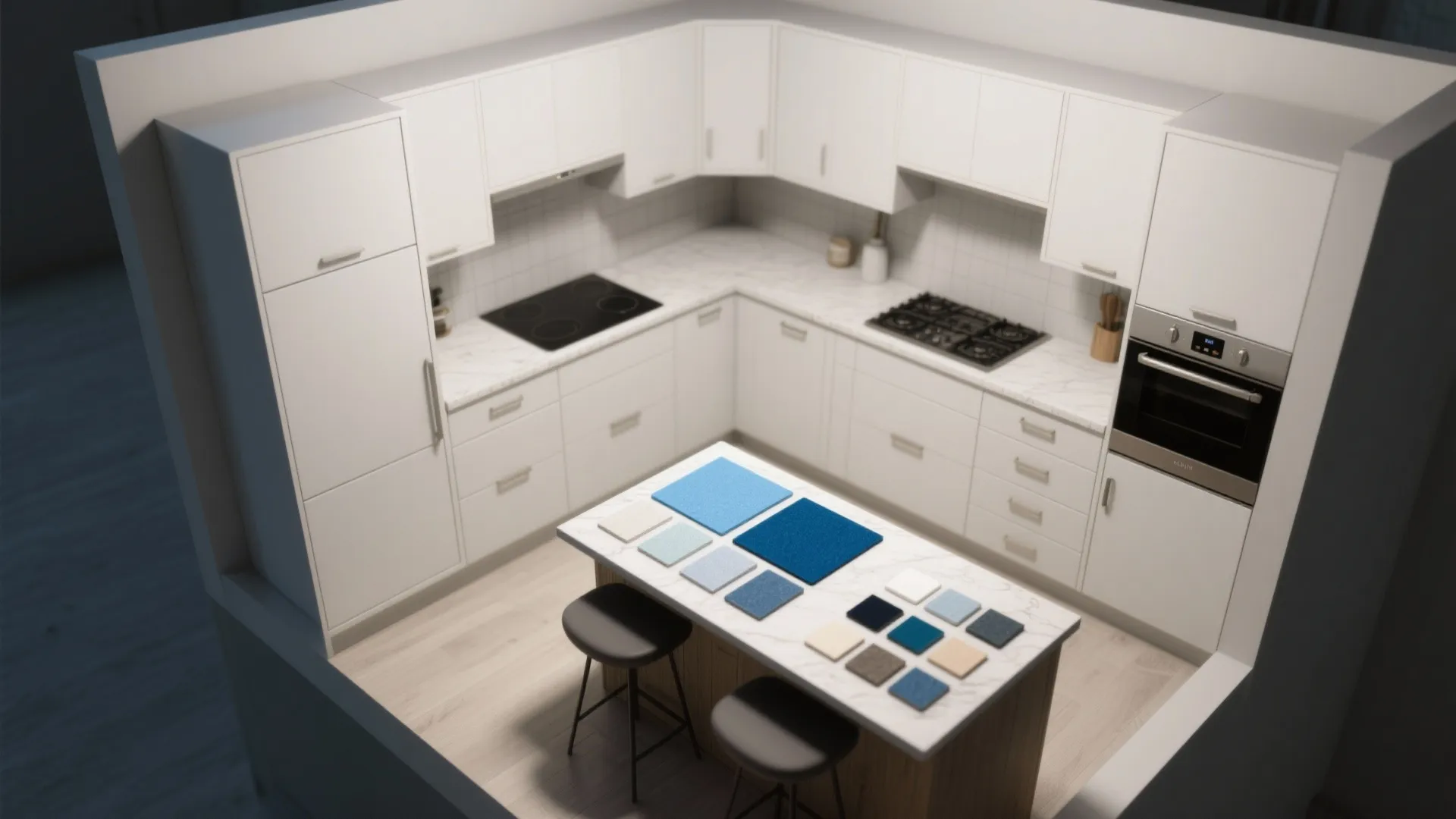 Top-down mockup of a small kitchen layout with white cabinets and blue countertop material samples.