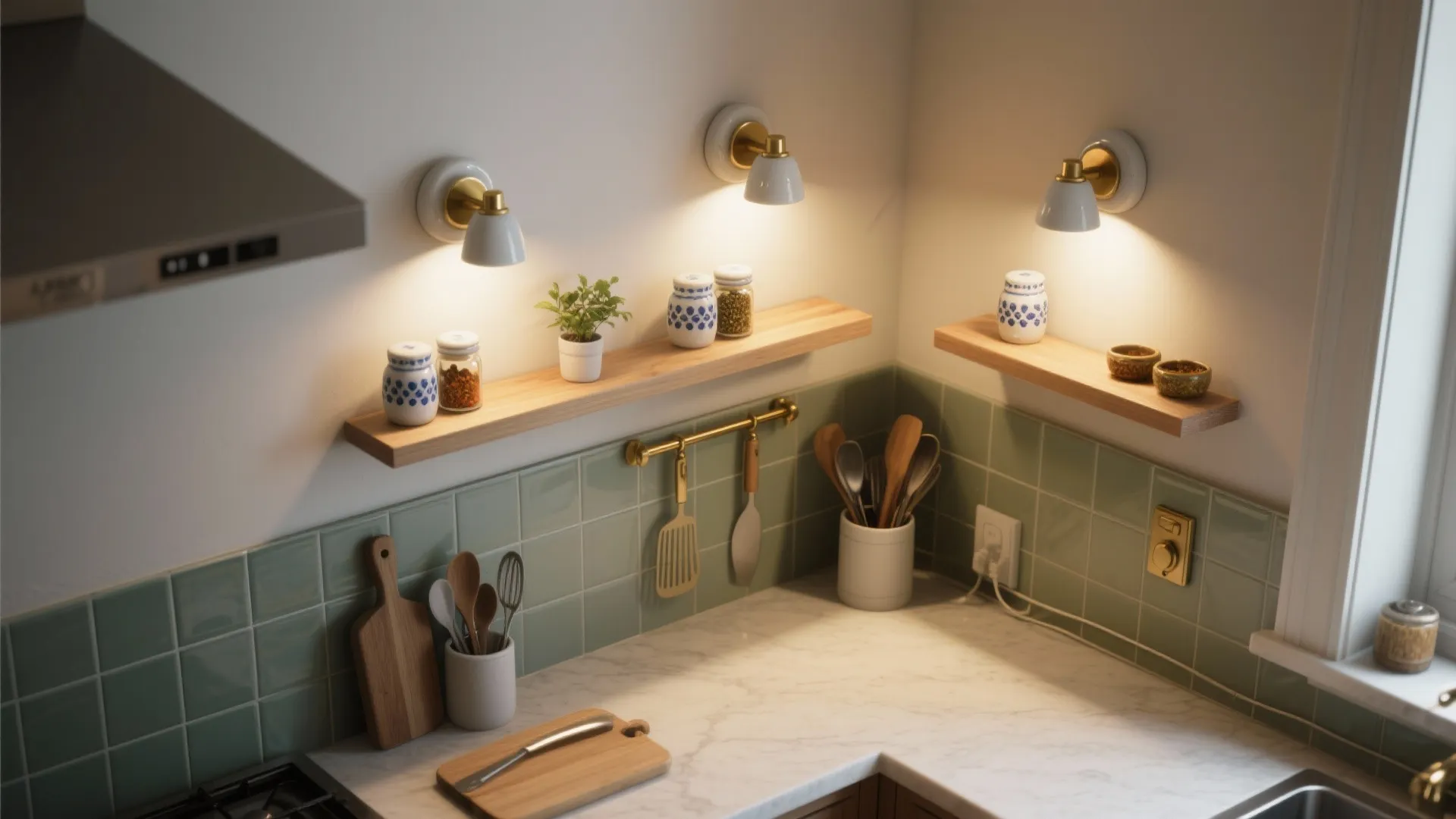 3. Ceramic sconces with integrated shelves for tiny kitchens