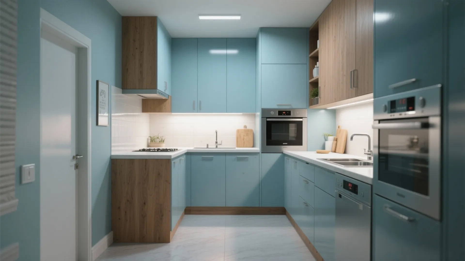Compact kitchen with semi-gloss painted walls, showing slight sheen and coordinated cabinetry.
