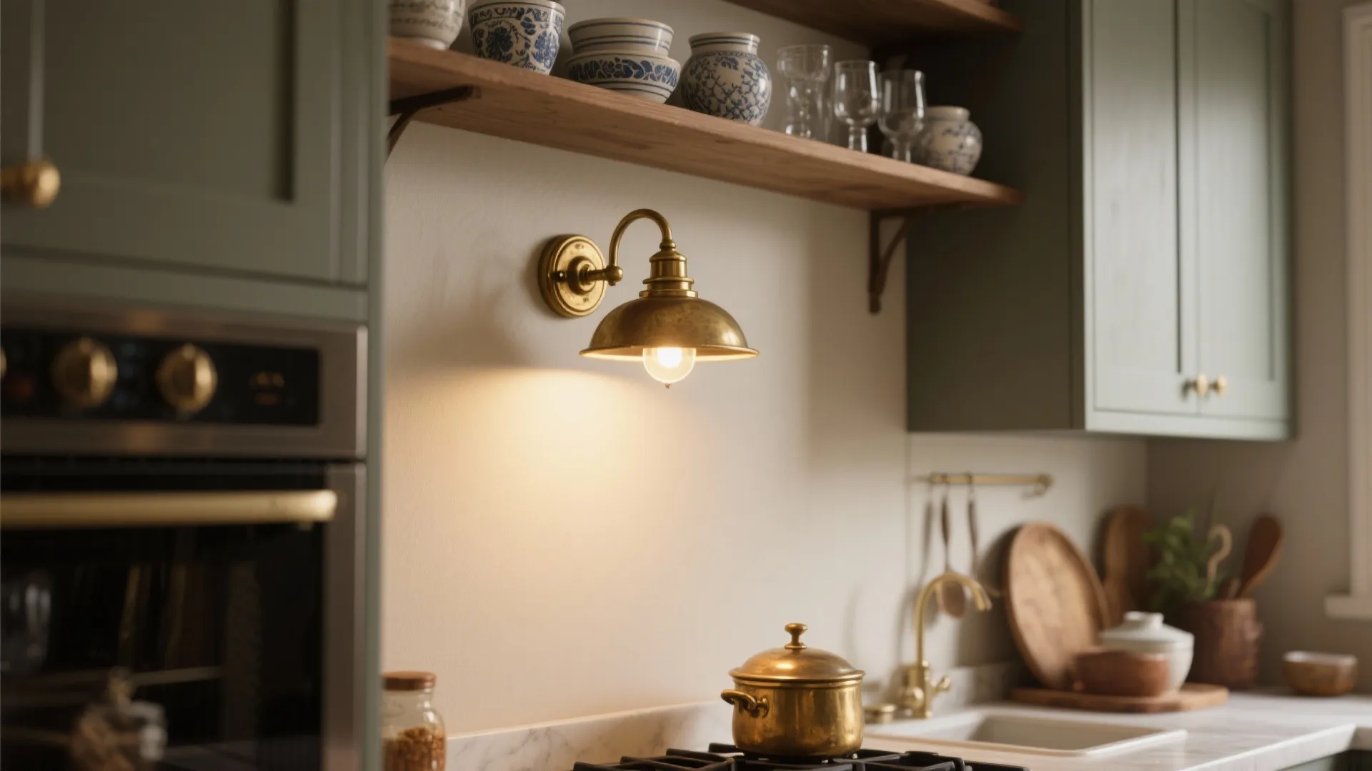 Compact kitchen with an antique brass wall light accenting open shelving and ceramics.