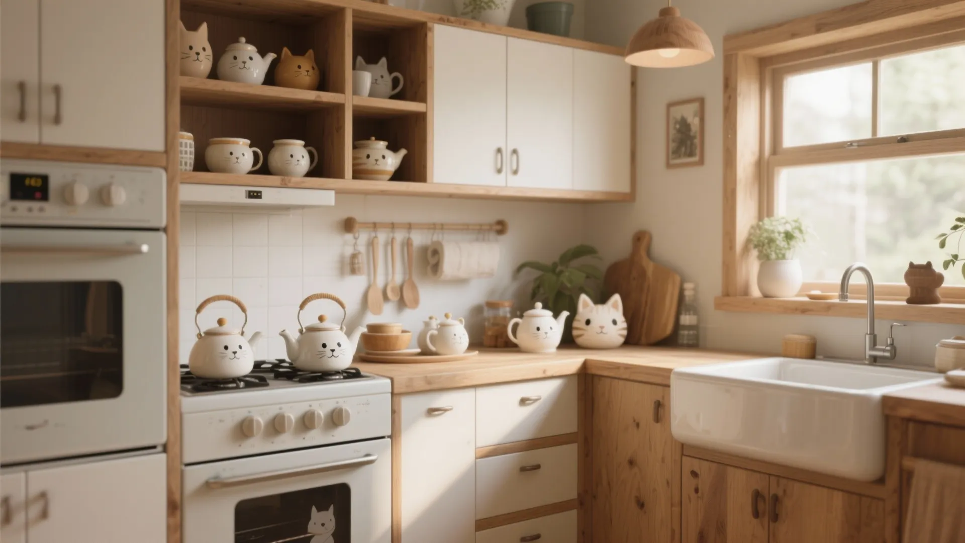 Cozy wooden kitchen interior with cat themed teapots and bowls on open shelves and counters