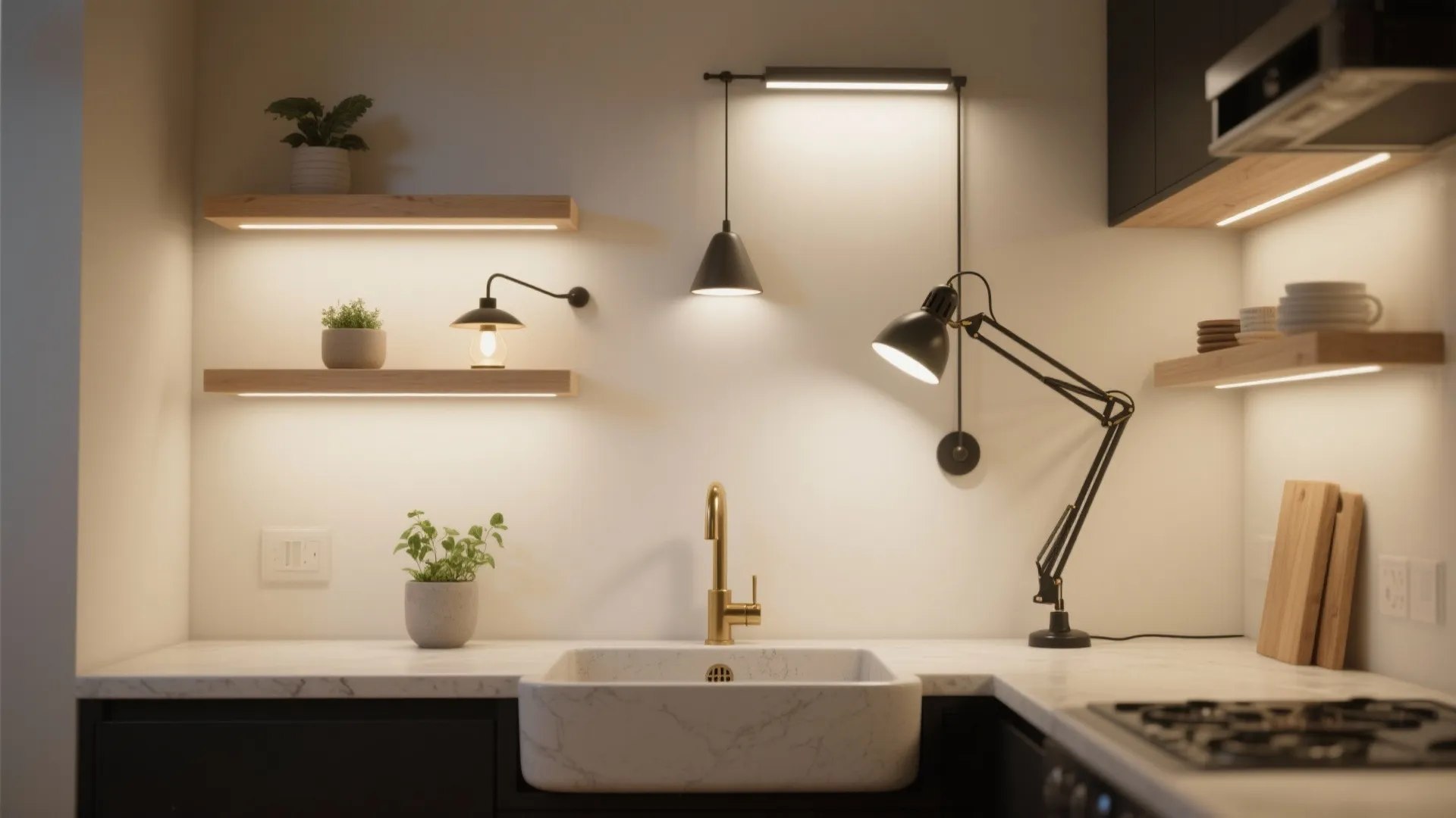Modern kitchen counter featuring white marble sink gold faucet wooden shelves and warm light fixtures