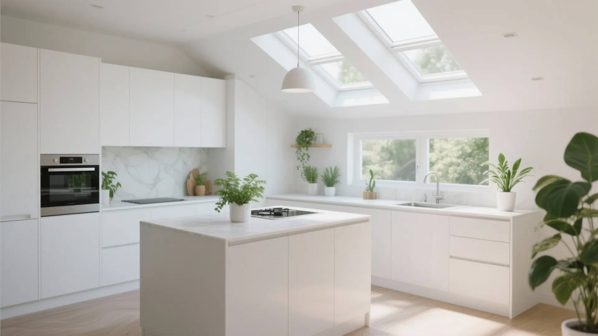 Bright white minimalist kitchen featuring roof windows that provide natural light over a large central island
