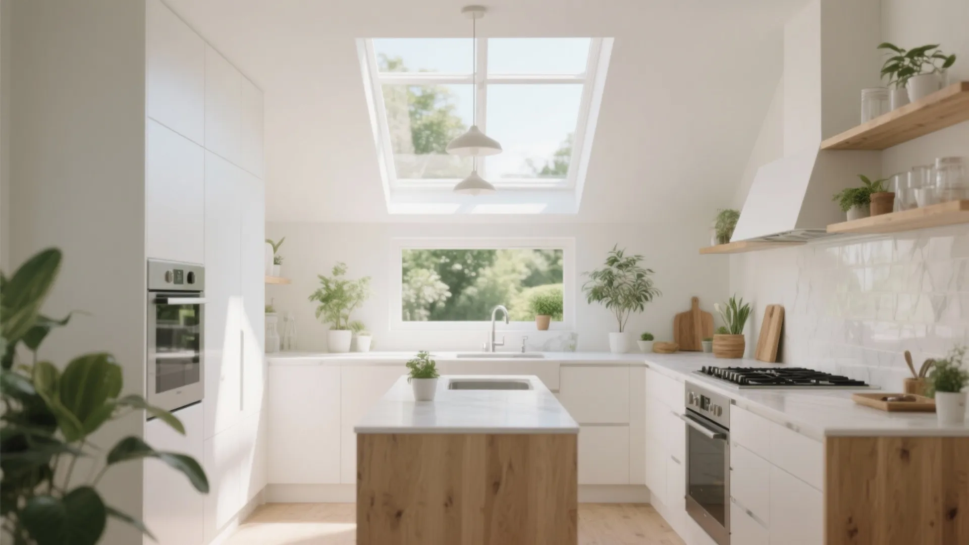 Bright white kitchen with a roof window wooden island many potted plants and natural sunlight