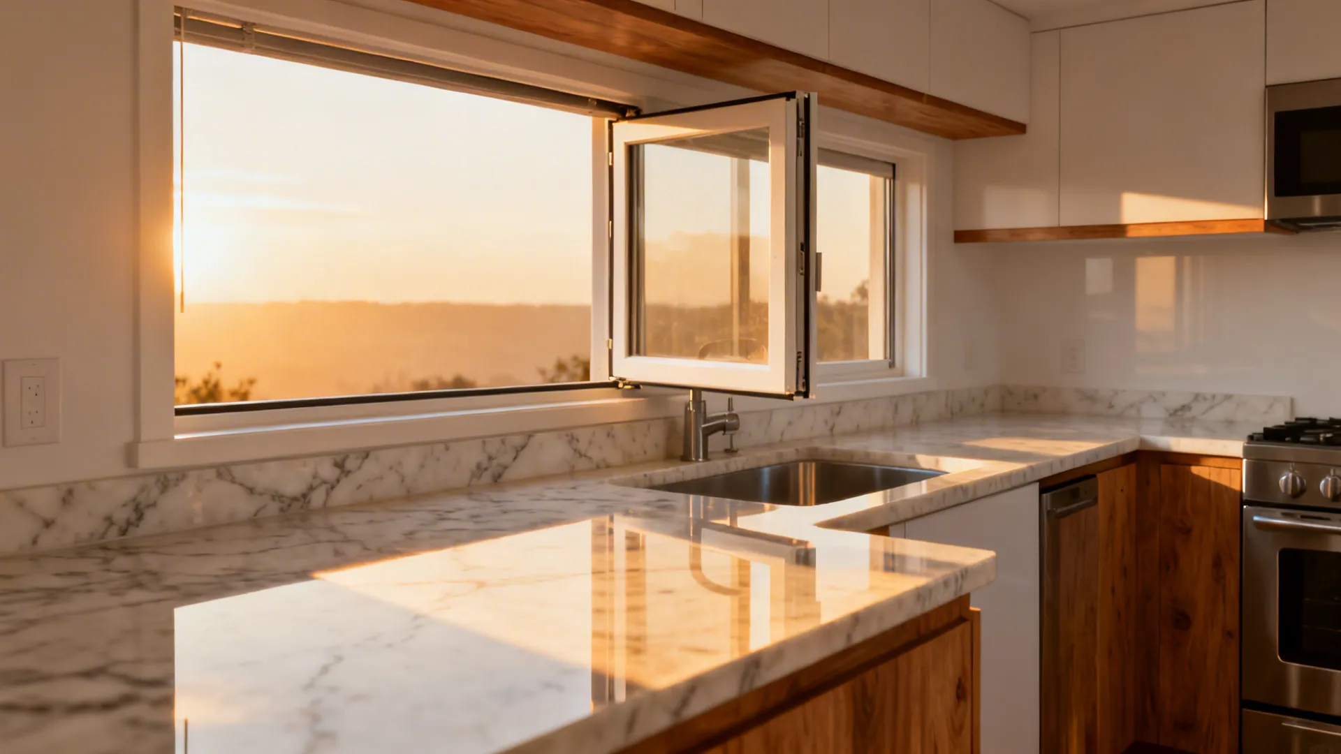 Modern kitchen with marble countertop wood cabinets sink and open window showing sunset light view