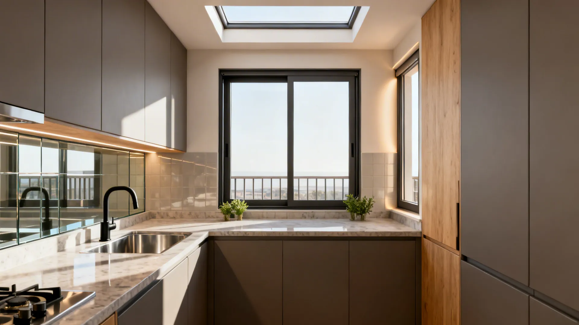 Modern kitchen design with grey cabinets marble countertop sink roof window and sliding glass windows