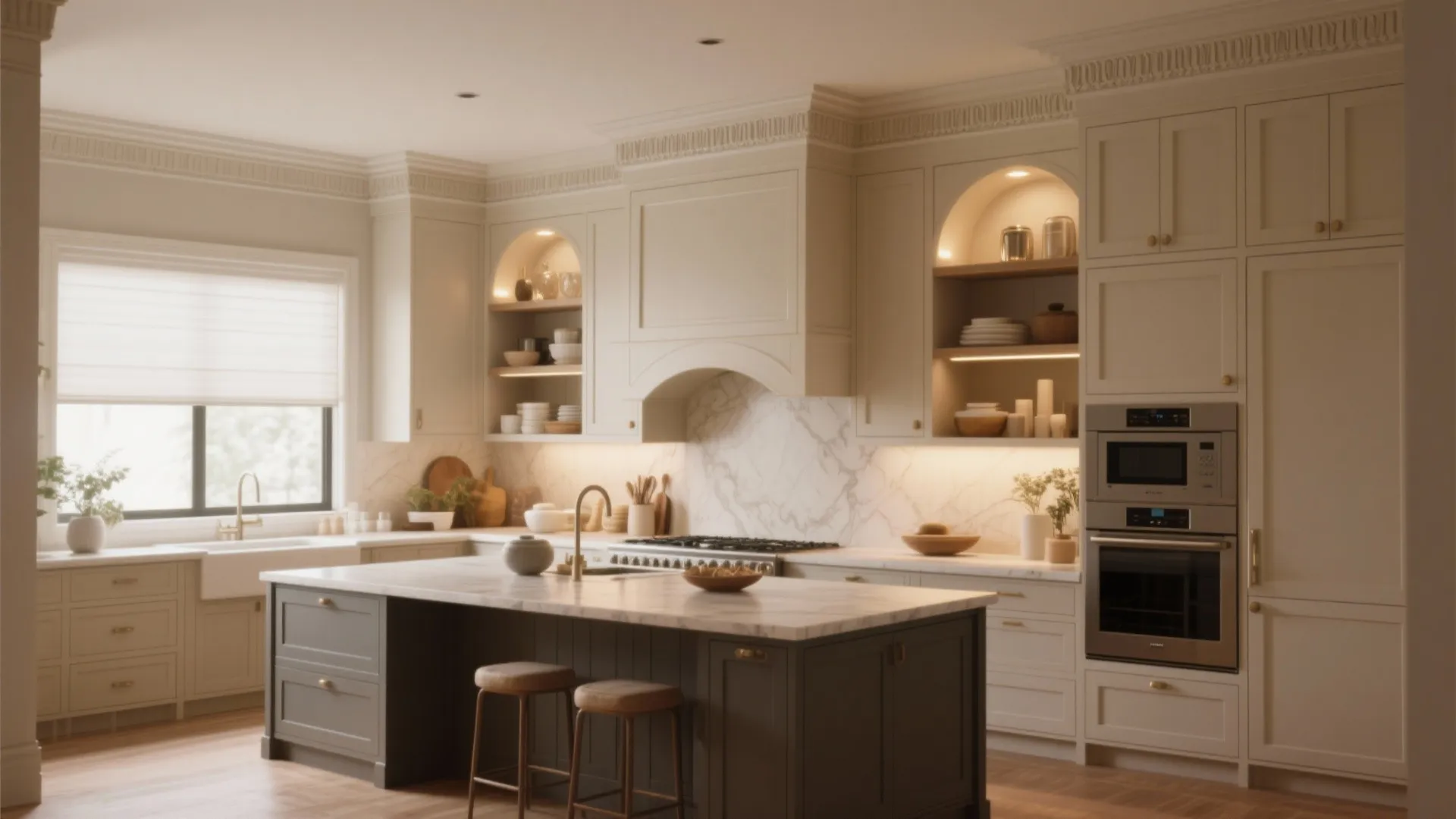 Large elegant kitchen with dark island and stools featuring white cabinets and arched wall shelves
