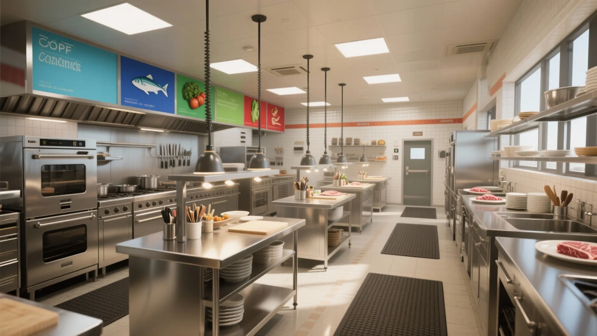 Modern professional kitchen interior design with stainless steel counters, ceiling lights, ovens, and preparation areas