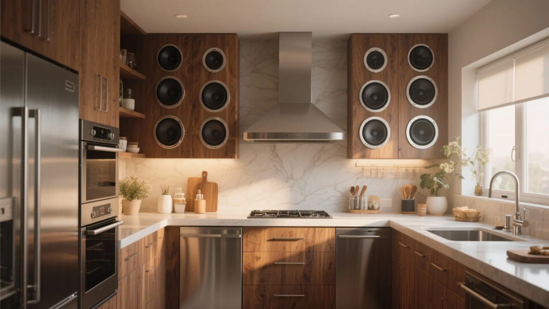 Modern wood kitchen with multiple speakers built into cabinets plus stainless steel appliances and marble backsplash