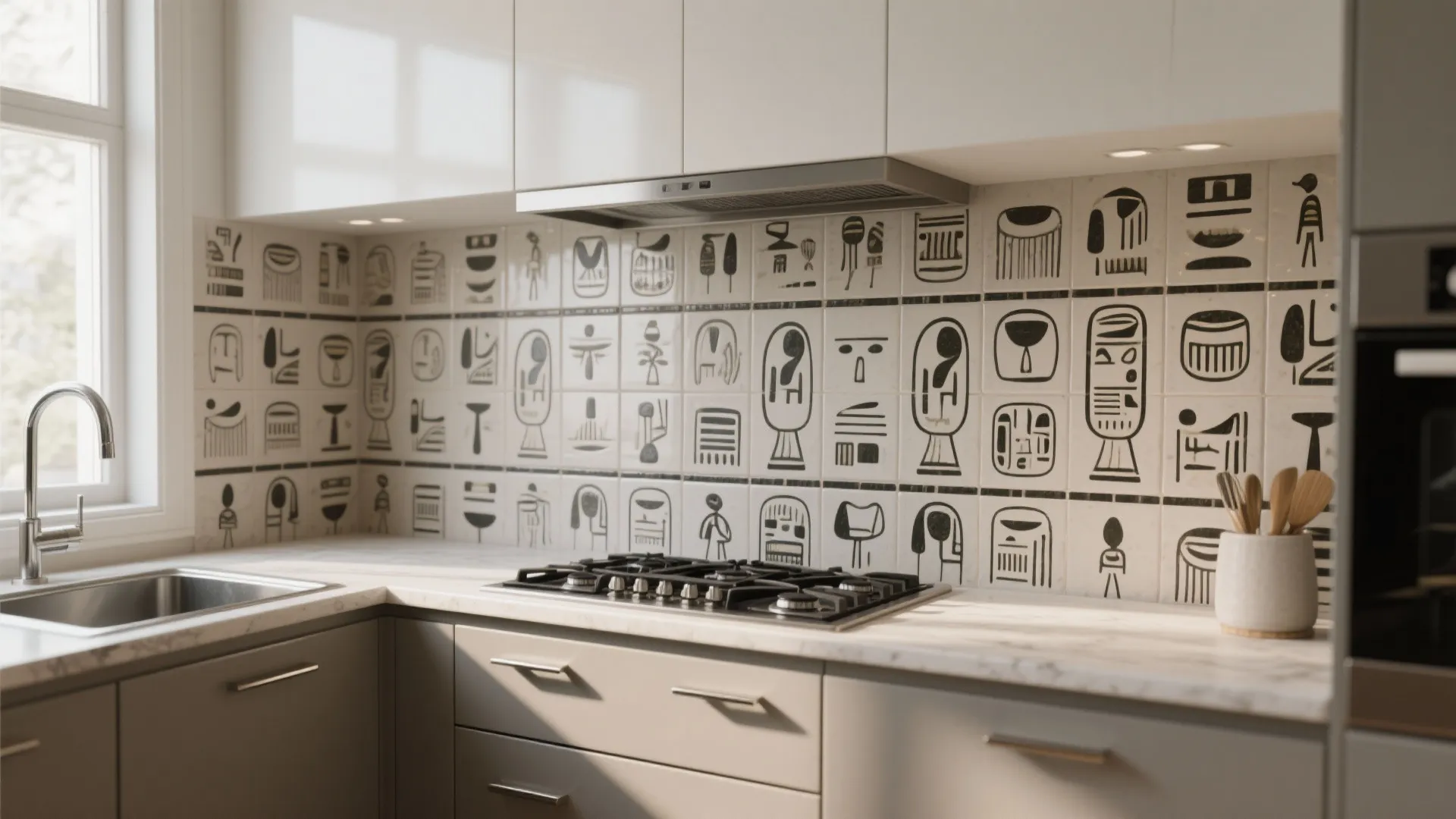 Kitchen backsplash with hieroglyph-inspired tile pattern and dark grout, paired with minimalist cabinetry.