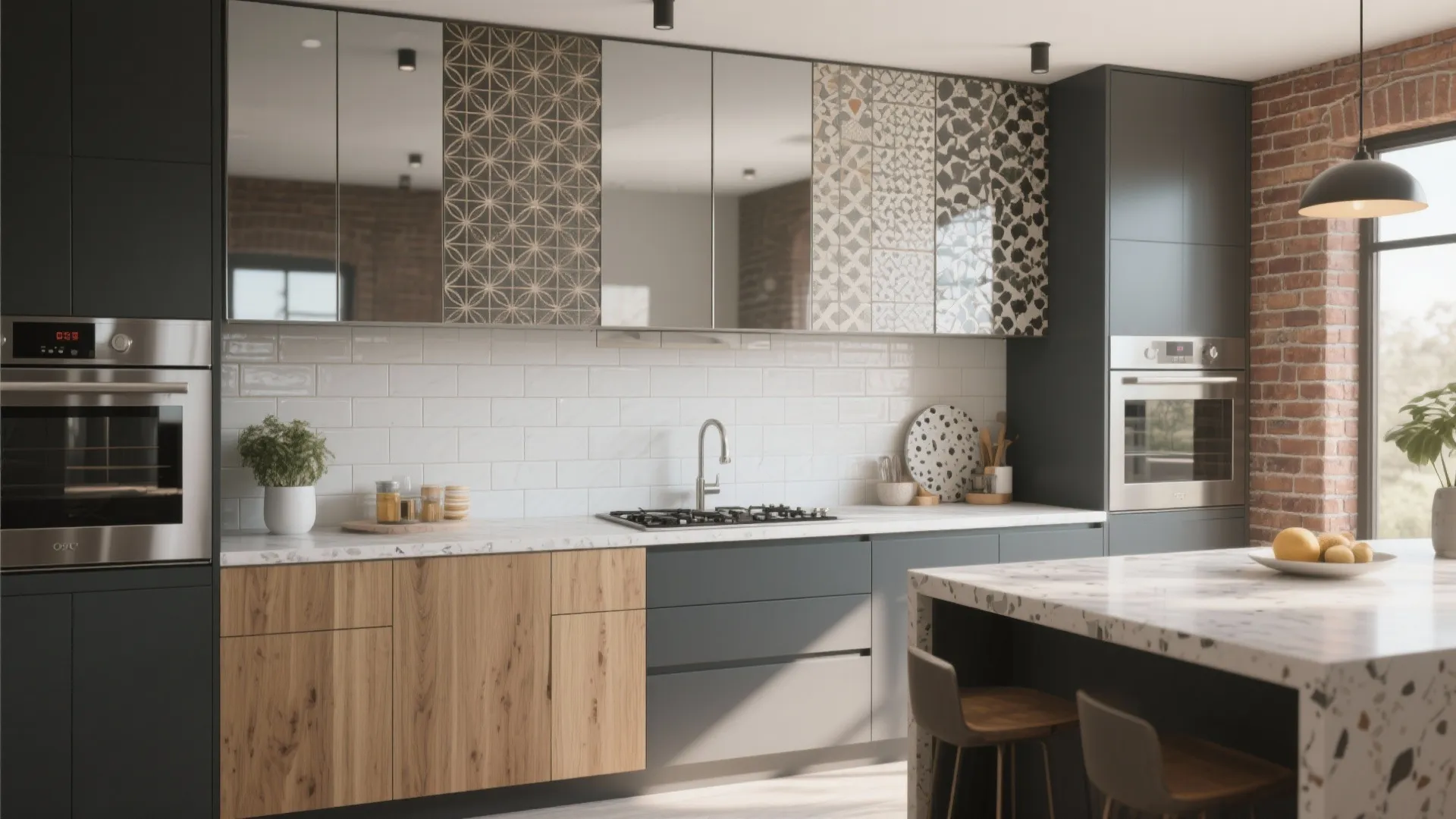 Spacious kitchen with wood and grey cabinets, white tile wall, marble island, and brick wall