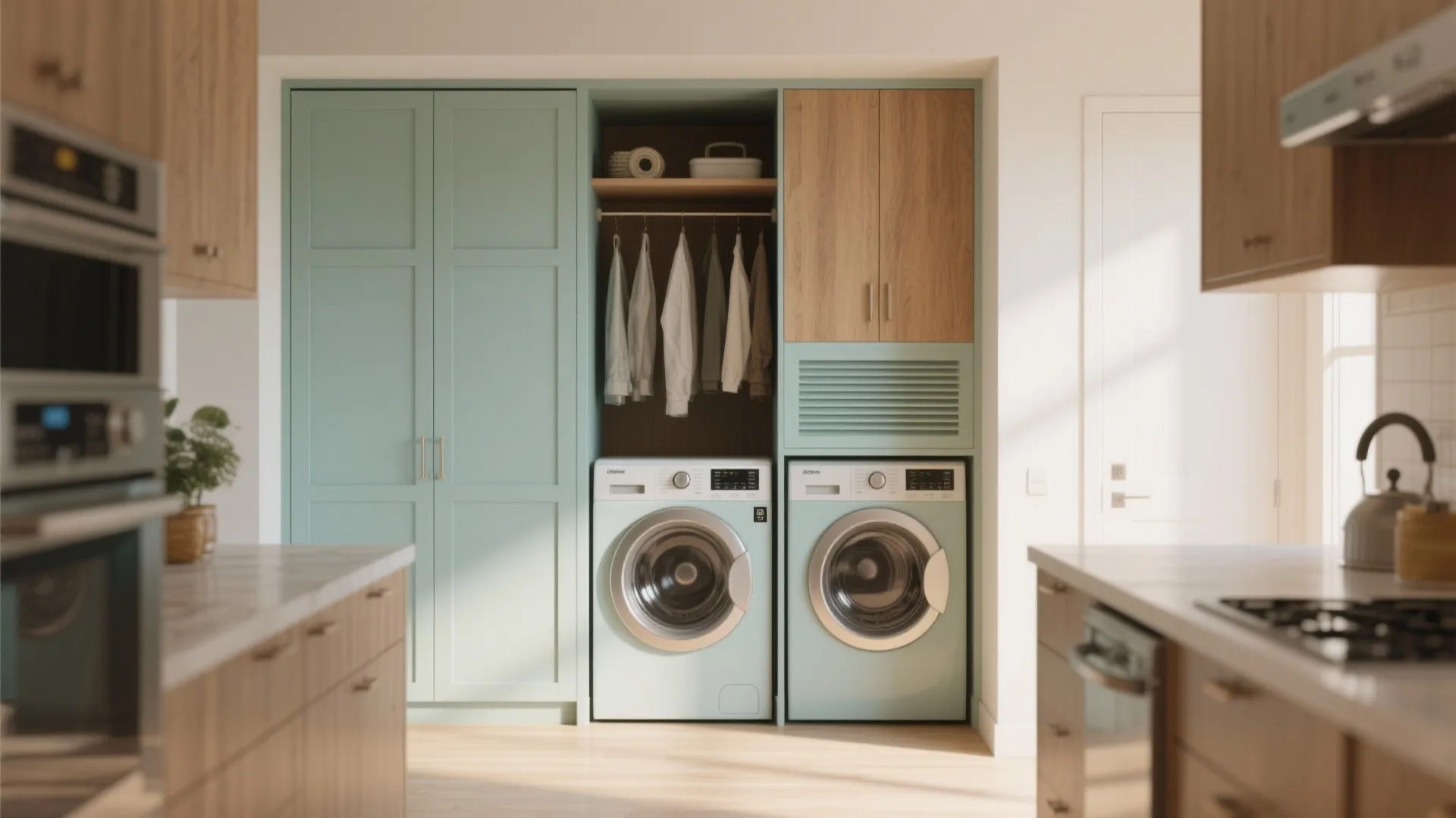 Modern laundry room with green cabinets and two light blue washing machines and hanging shirts