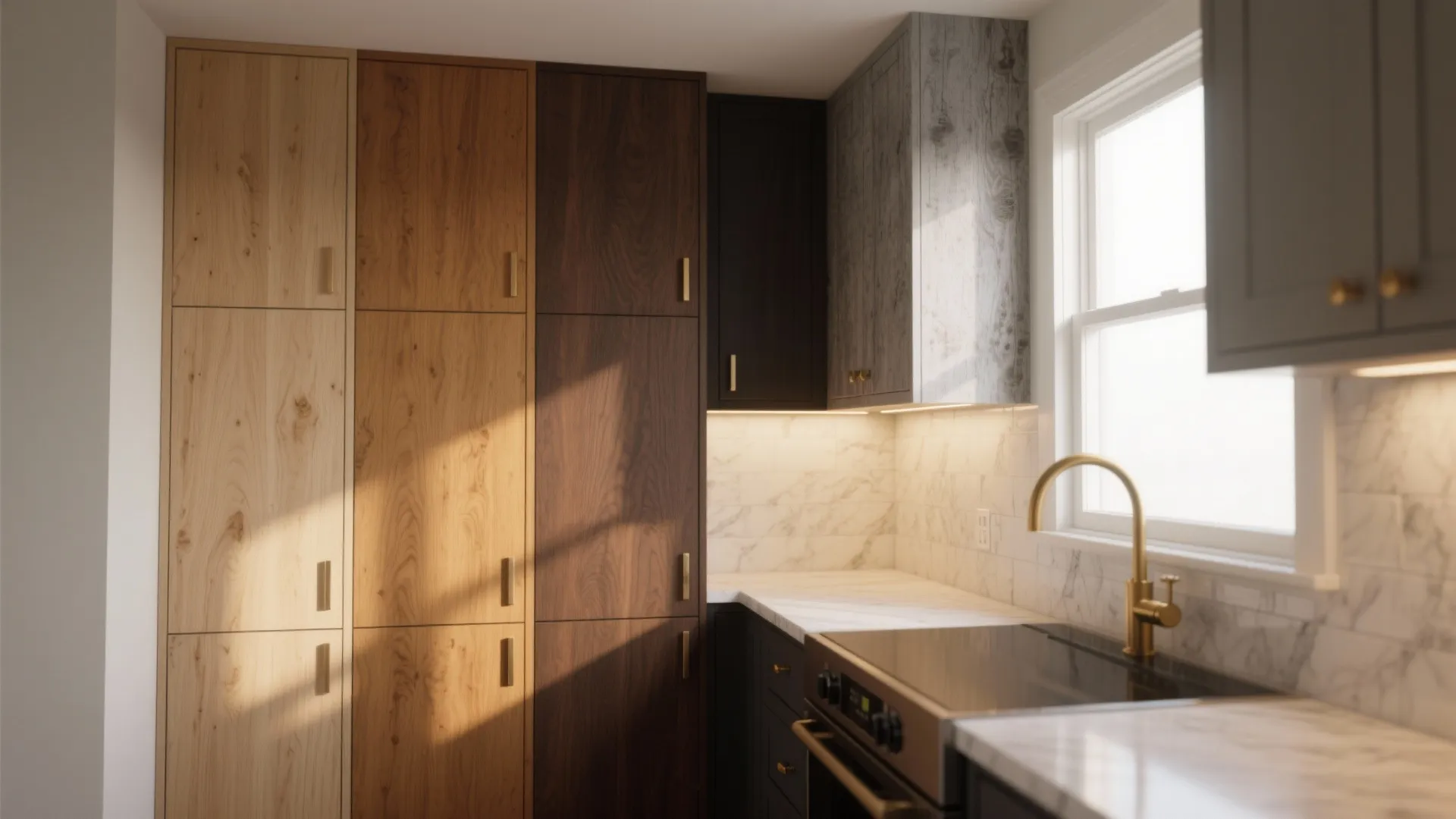 Comparison of different wood cabinet colors featuring light, medium, and dark stains with gold faucet