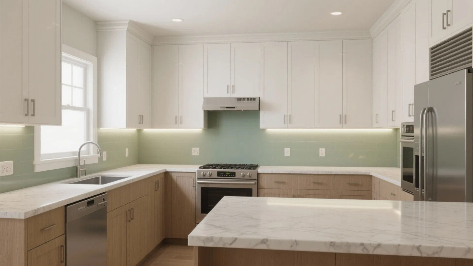 Modern kitchen featuring white upper cabinets wooden lower cabinets green backsplash tiles and marble stone countertops