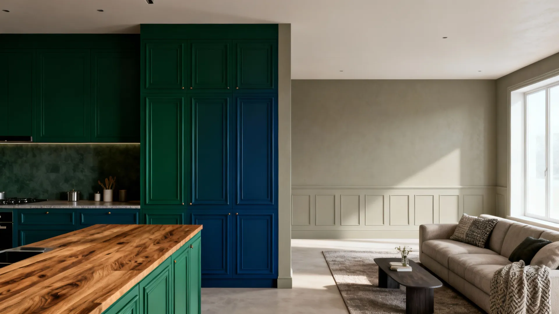 Kitchen in a statement forest green with a neutral living room in soft greige beside it.