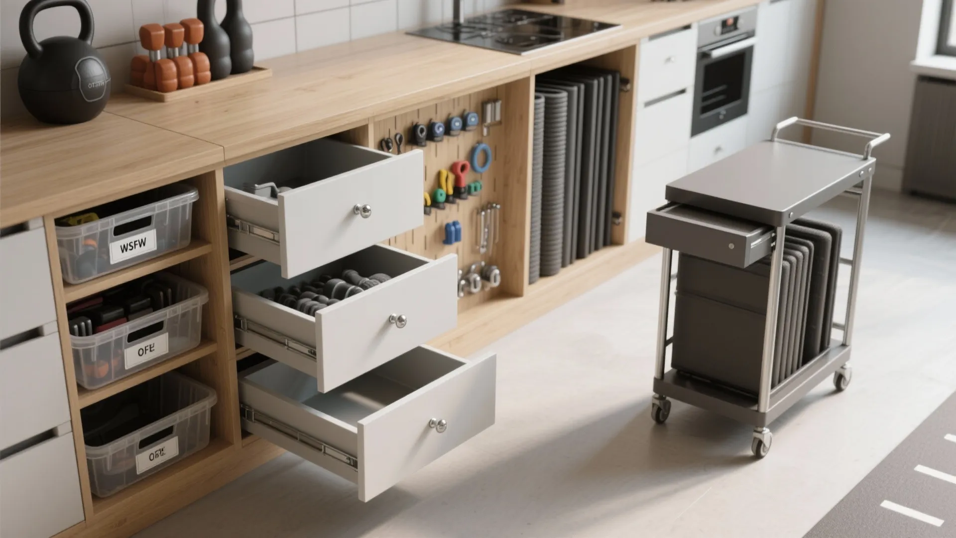 Wooden cabinet with open white drawers for gym equipment storage next to a rolling cart
