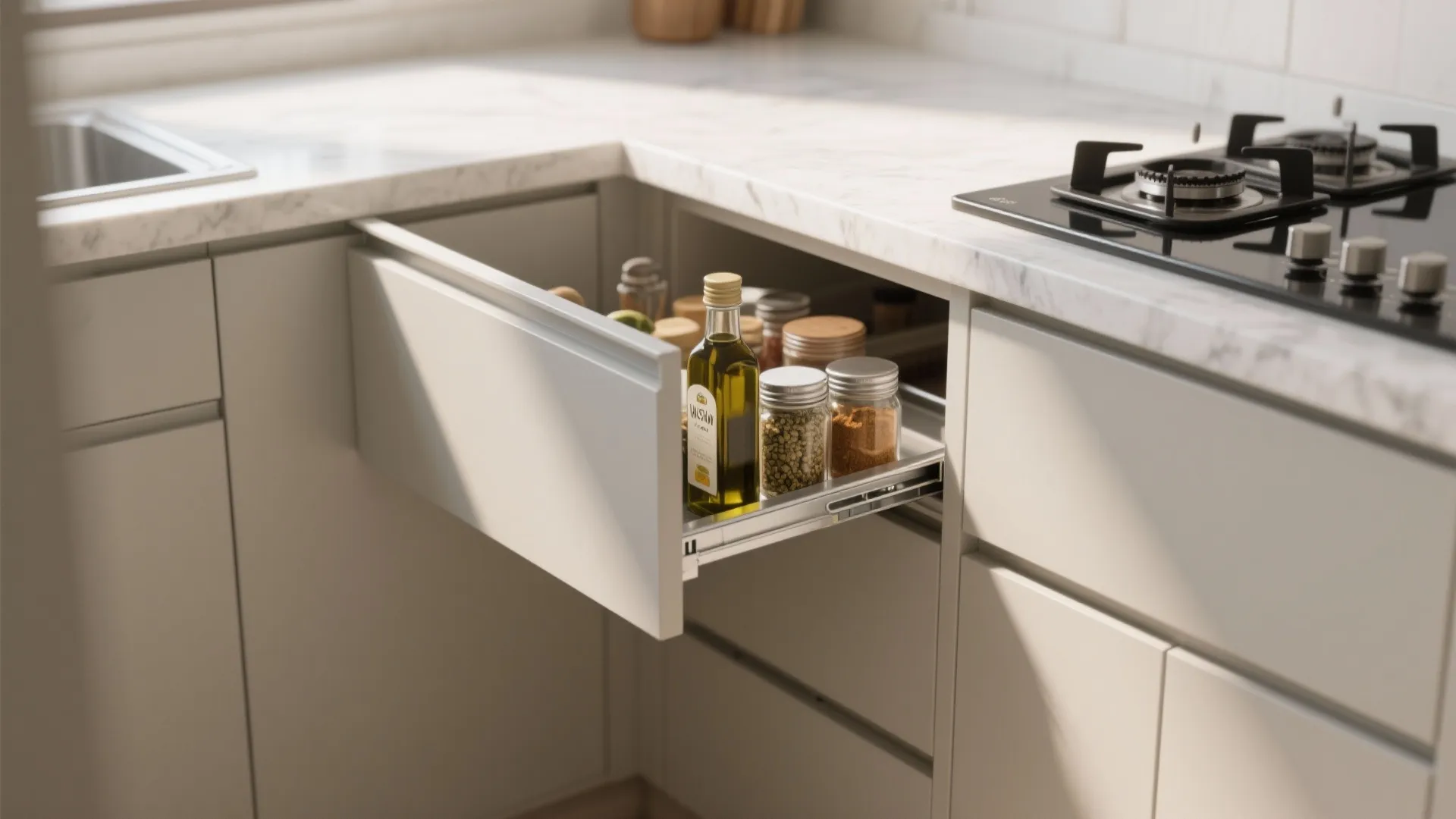 Modern kitchen cabinet drawer pulled open with glass spice jars and a bottle of oil