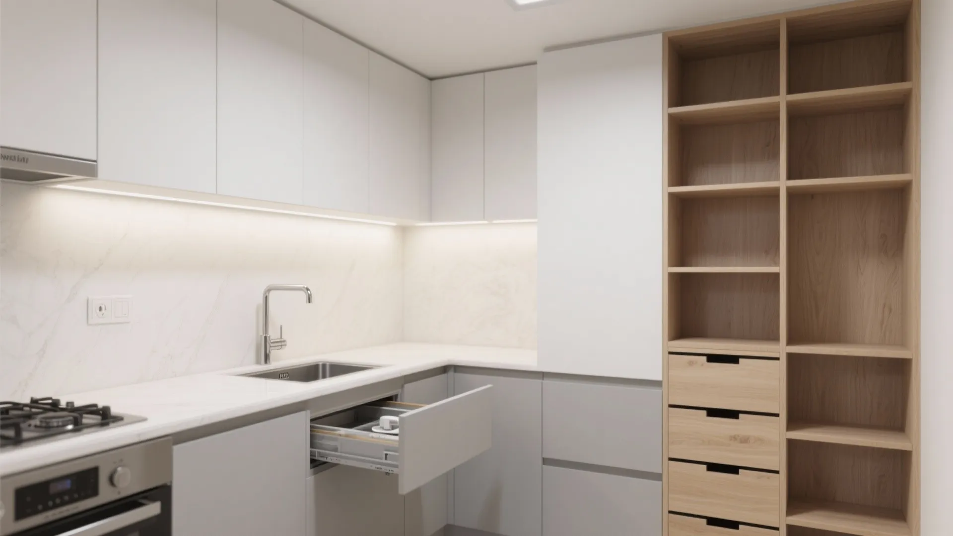 Minimalist kitchen storage for a 2 BHK