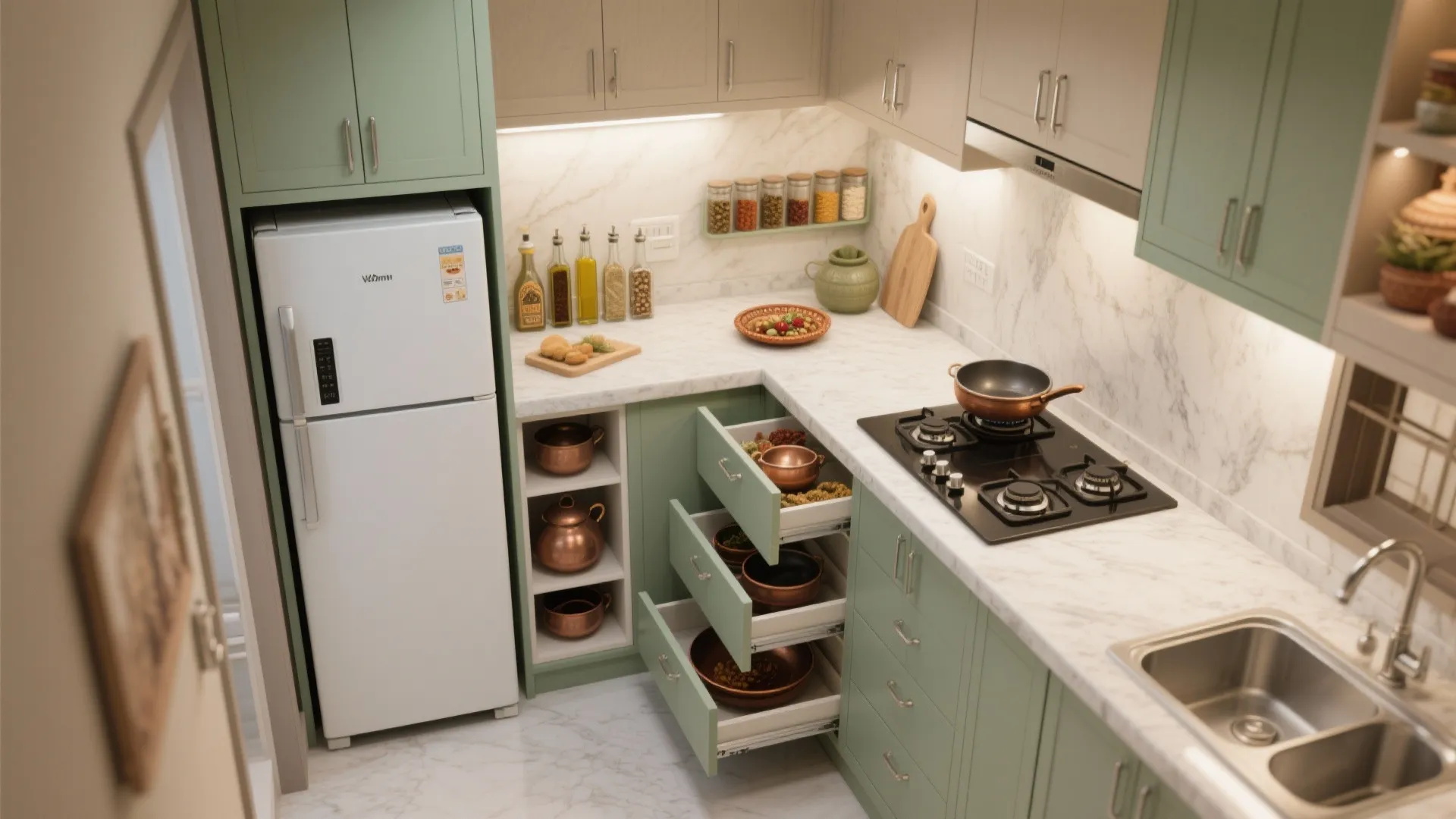 Minimalist kitchen storage and ergonomics