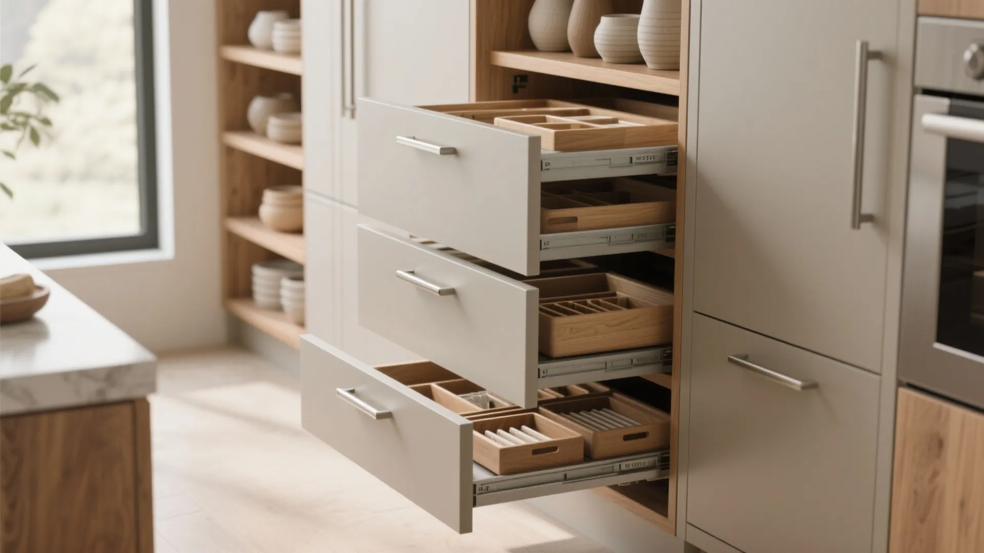 Macro view of under-counter organizers and slim pantry shelves in a micro-kitchen
