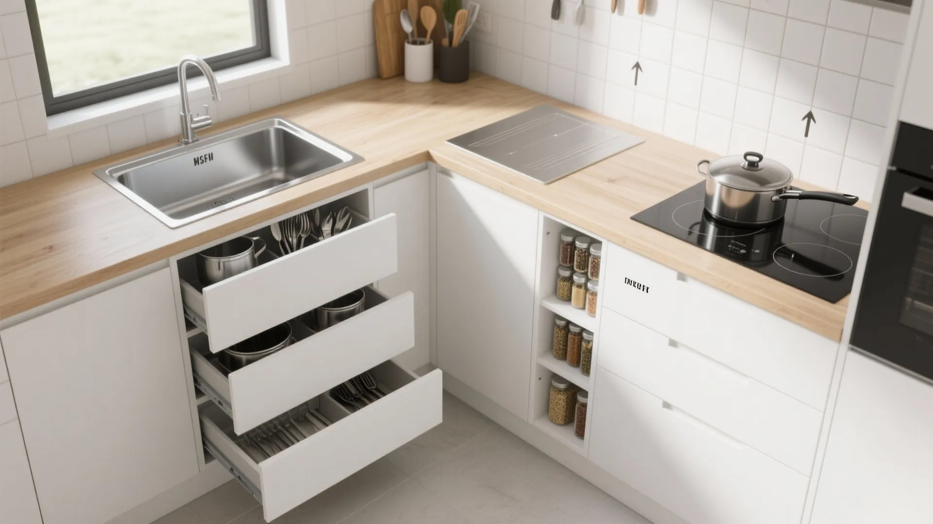Top-down view of a compact galley kitchen with organized minimalist storage zones