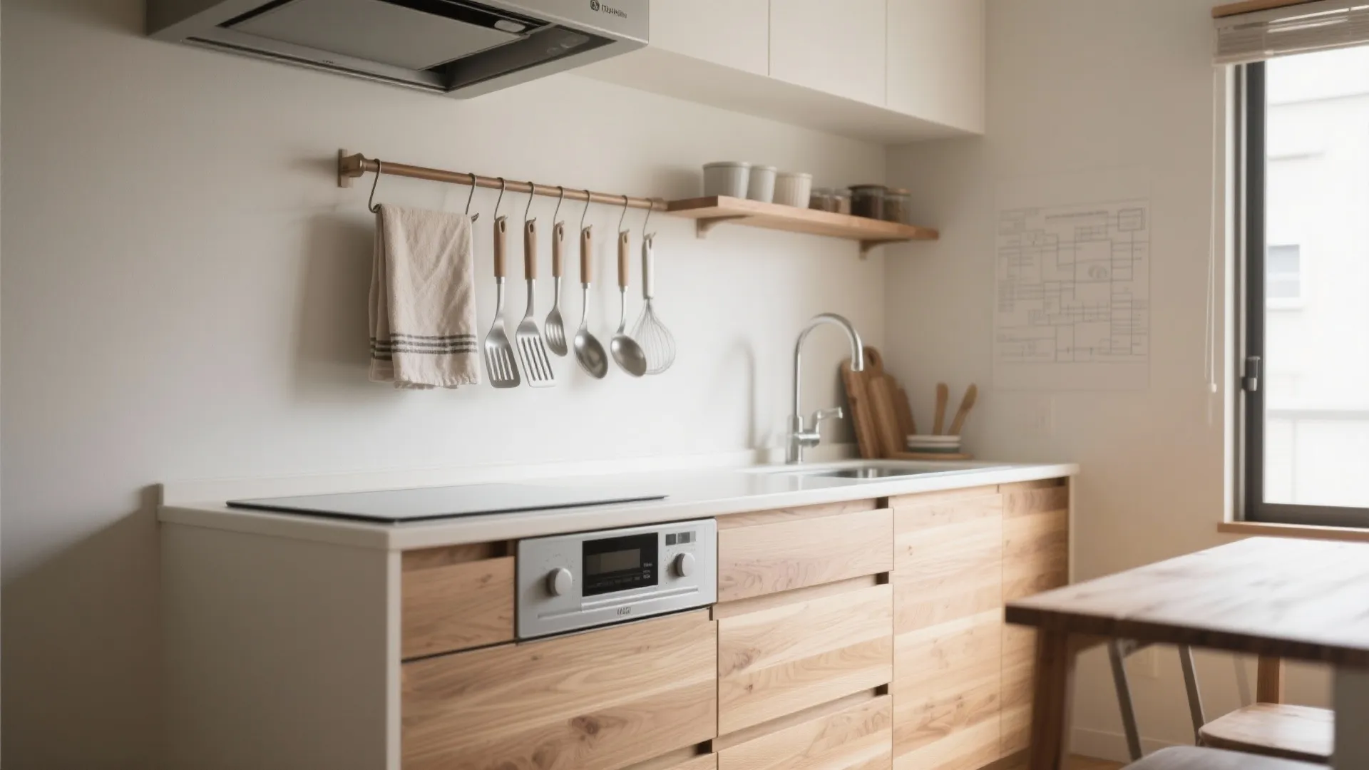 Tips 2: キッチン背面の直線レール収納で「見せる×隠す」を両立（収納技巧）