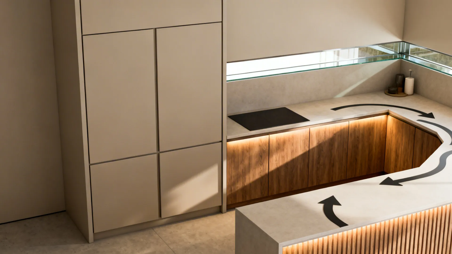 Top-down storyboard showing zones for storage, L-shaped flow, glass backsplash, wood accents, and LED lighting.