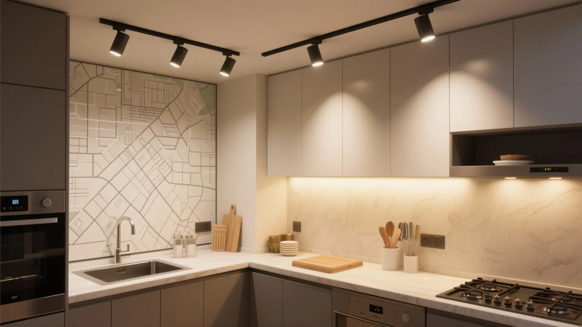Linear “street grid” lighting over kitchen counters