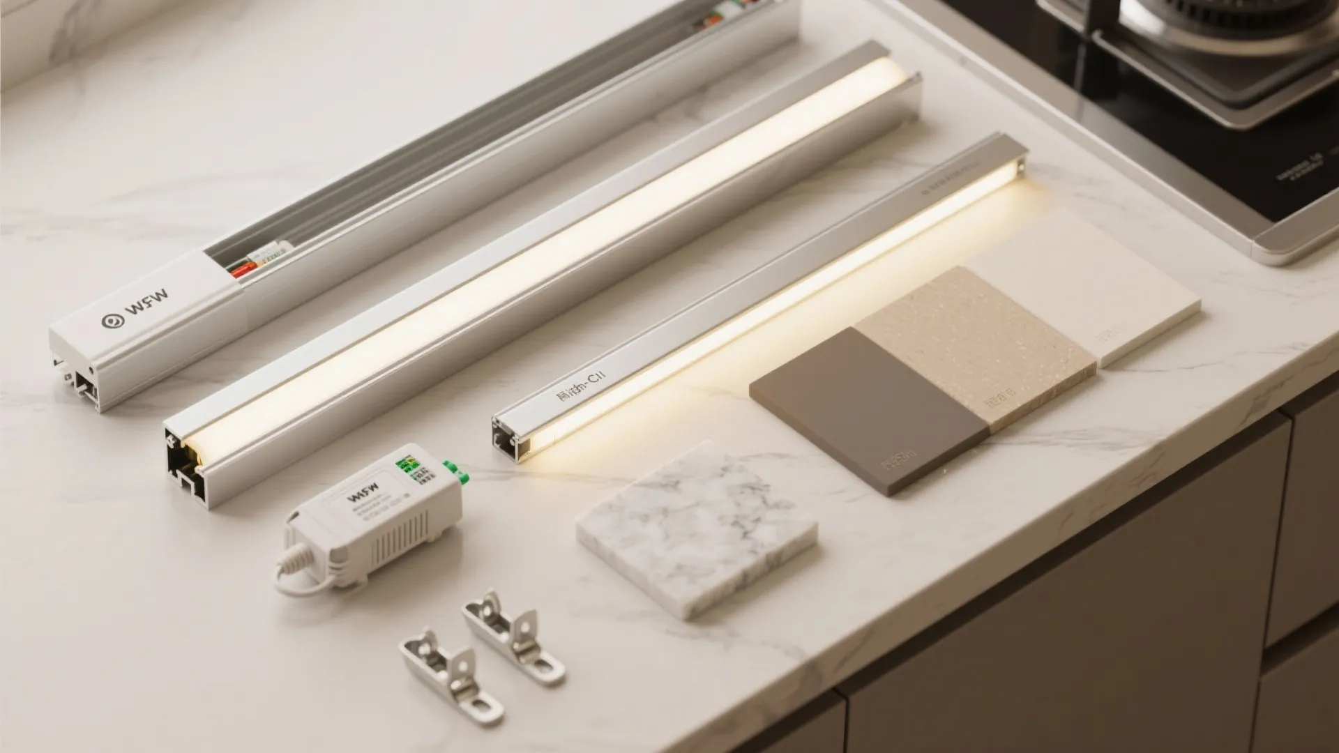 Top-down flatlay of LED strip kit with aluminum channel, diffuser, driver, and neutral finish samples.