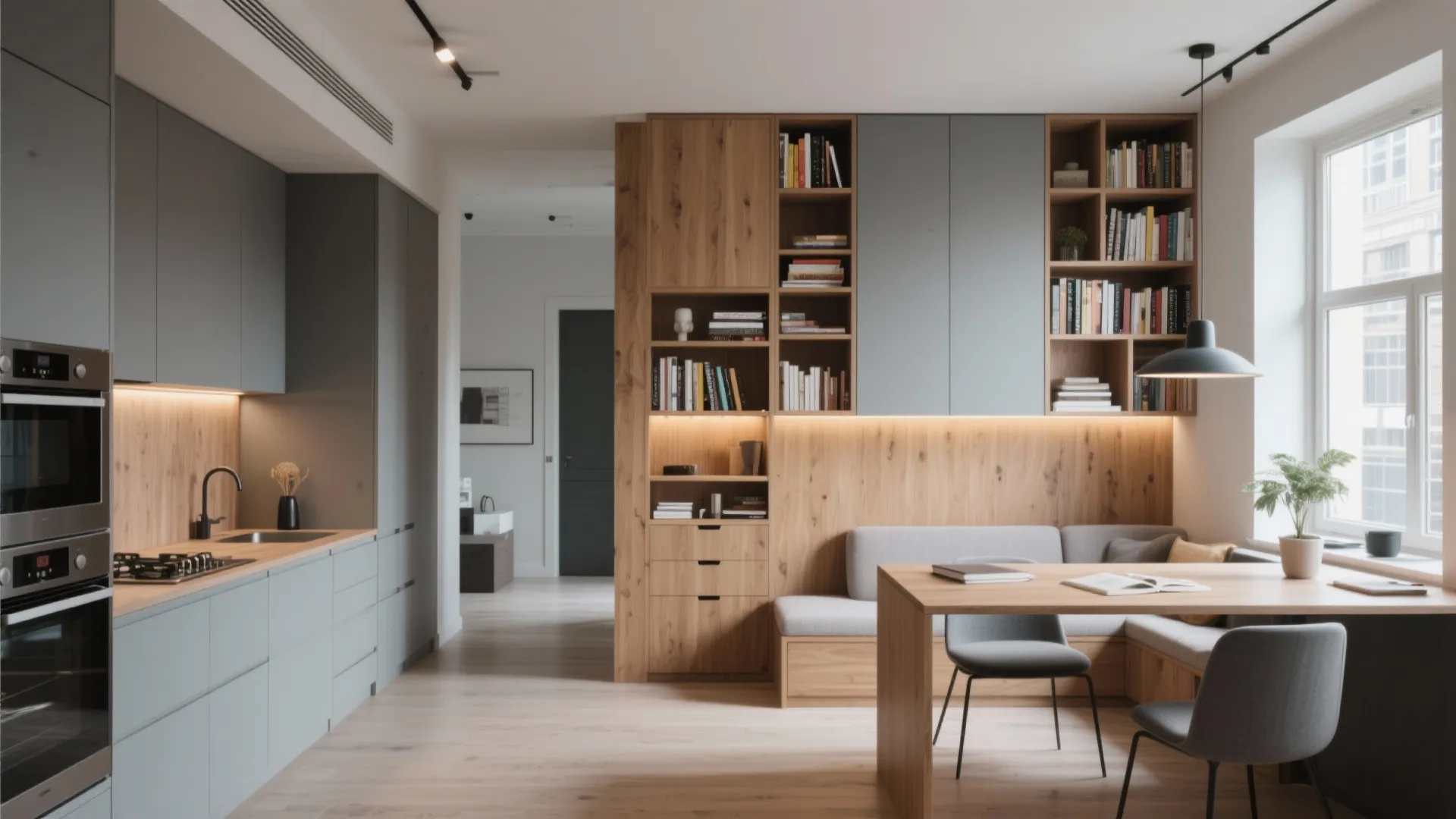 Multifunctional apartment space combining kitchen and study in bright design