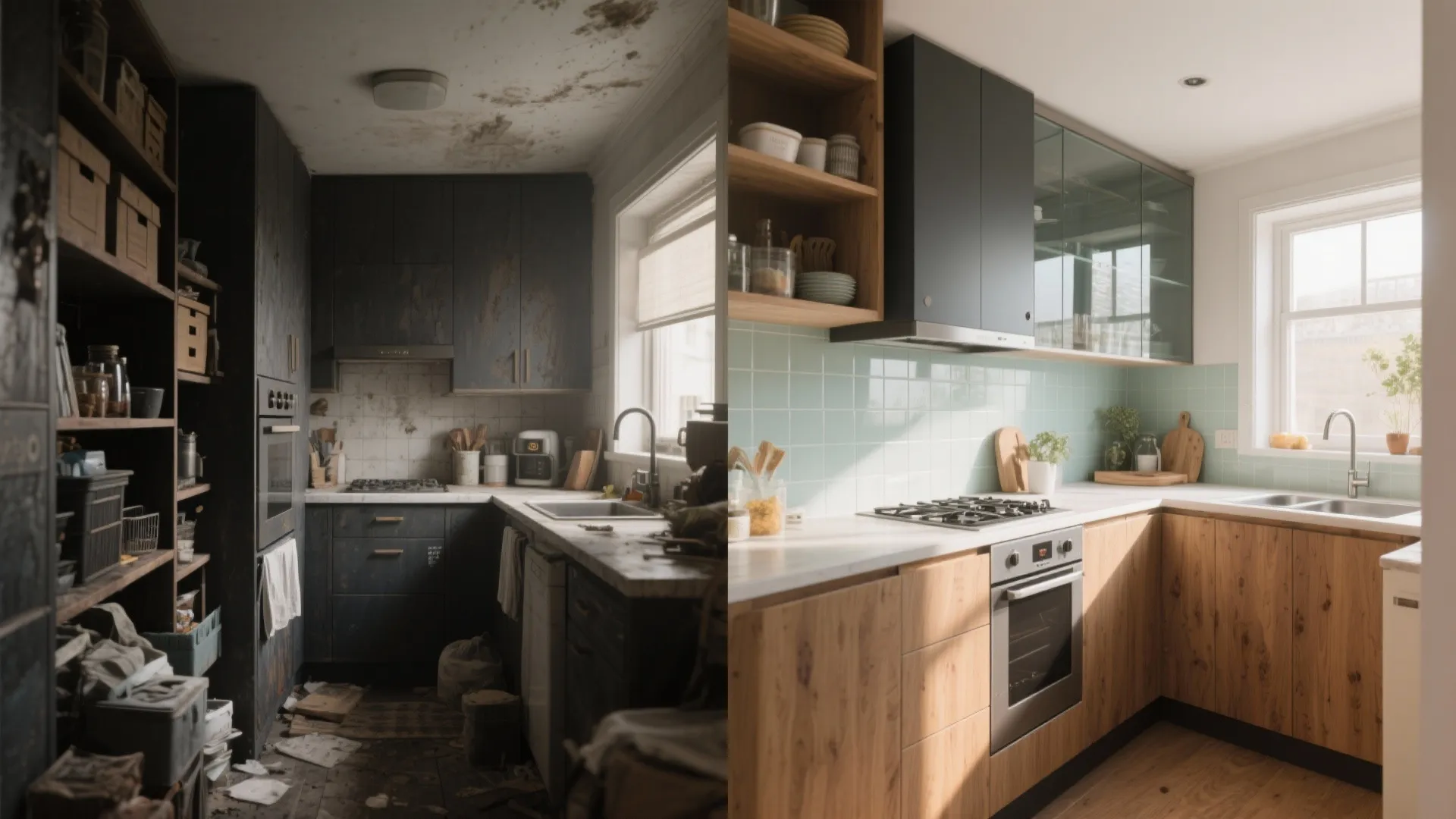 Before-and-after comparison of a small kitchen transformed with minimalist storage, glass backsplash, L-shape, wood accents and an island.