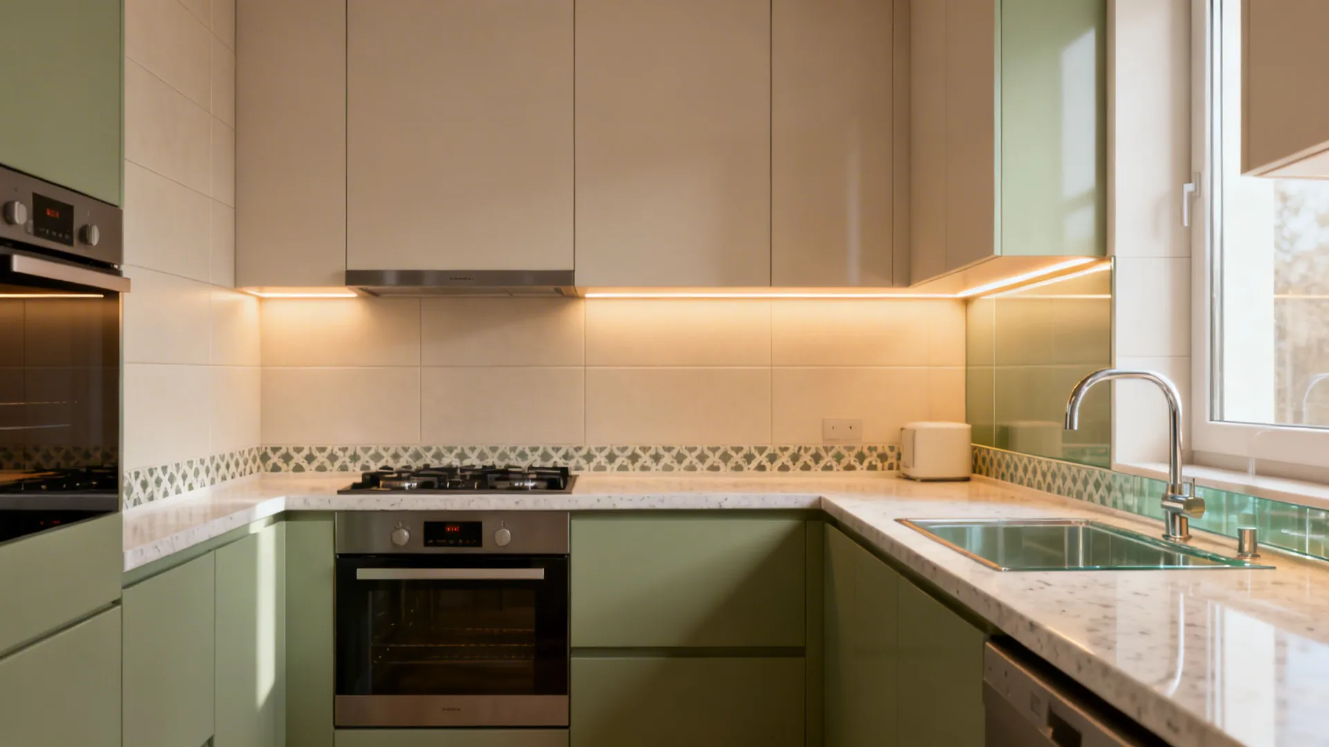 Green and beige kitchen with white stone countertop gas stove oven sink and metal faucet