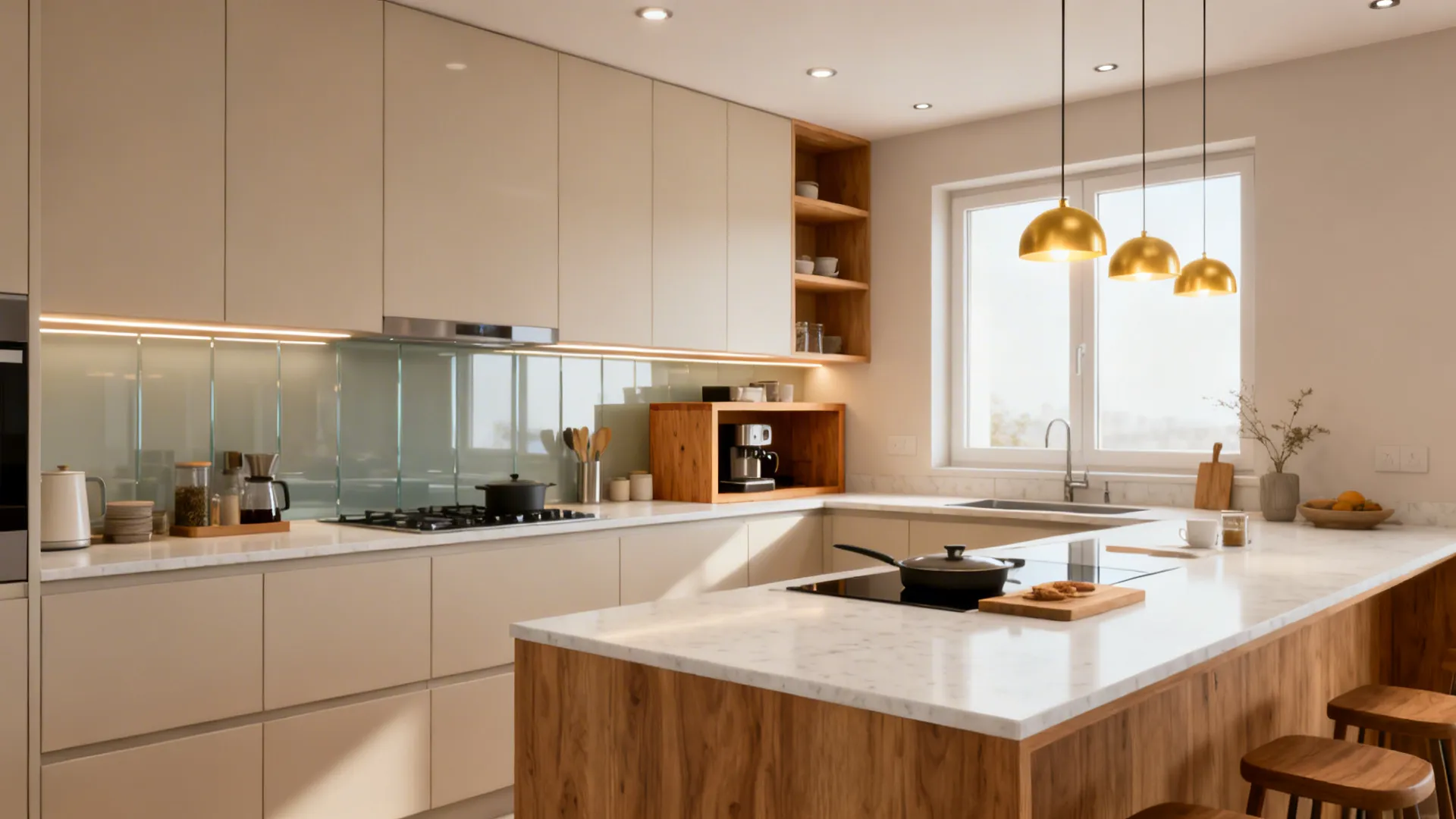 Cohesive small L-shaped kitchen with glass backsplash, oak accents, and layered lighting.