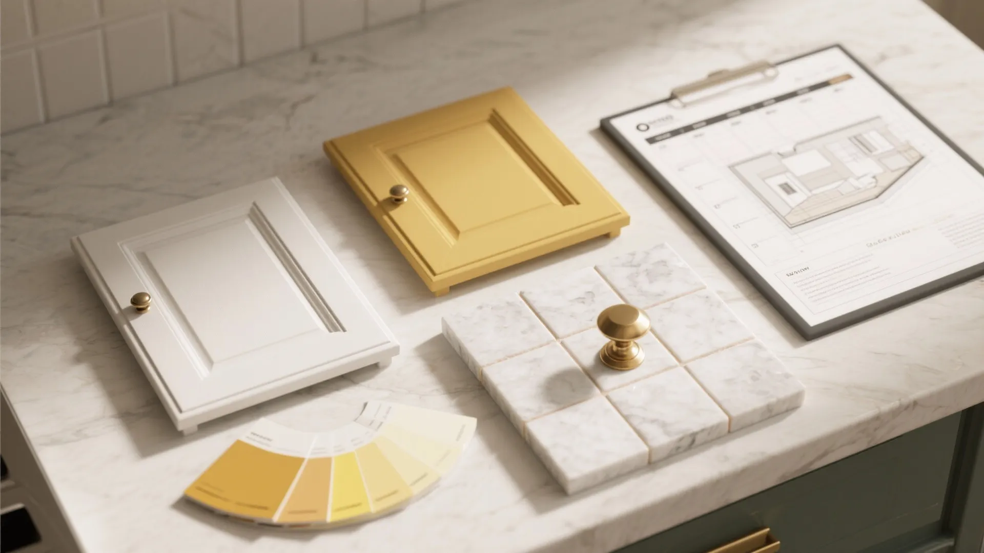 Flatlay of paint swatches, cabinet sample, countertop chip and tile for yellow-white kitchen planning.