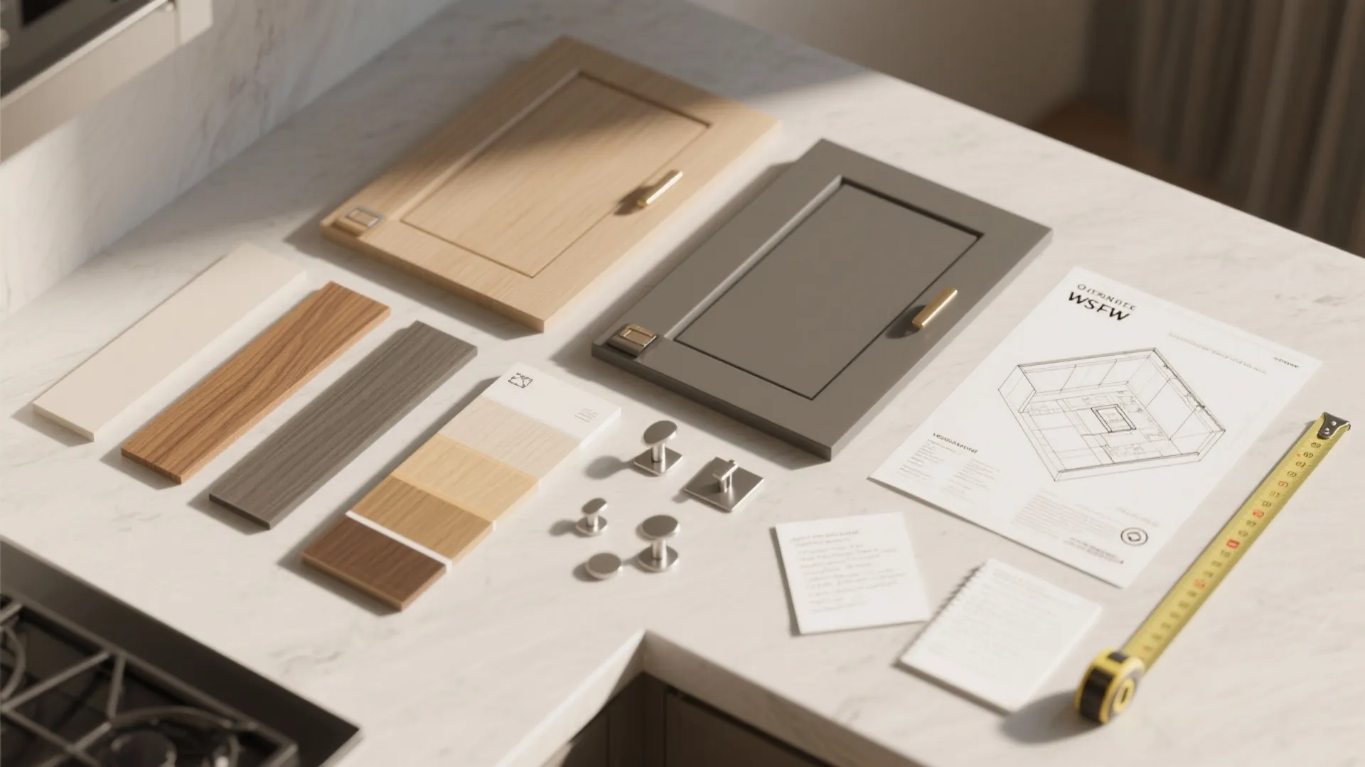 Kitchen material samples including cabinet doors wood planks color swatches handles and interior design drawing