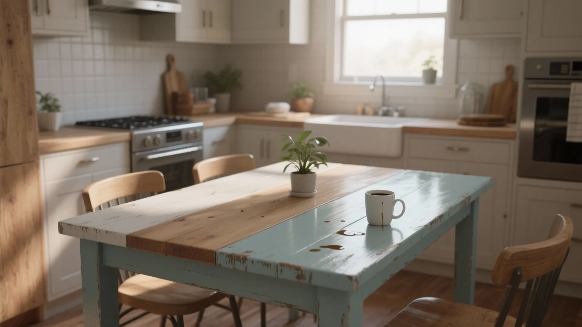 Rustic kitchen wooden table with blue paint, white coffee mug, small plant, and white cabinets