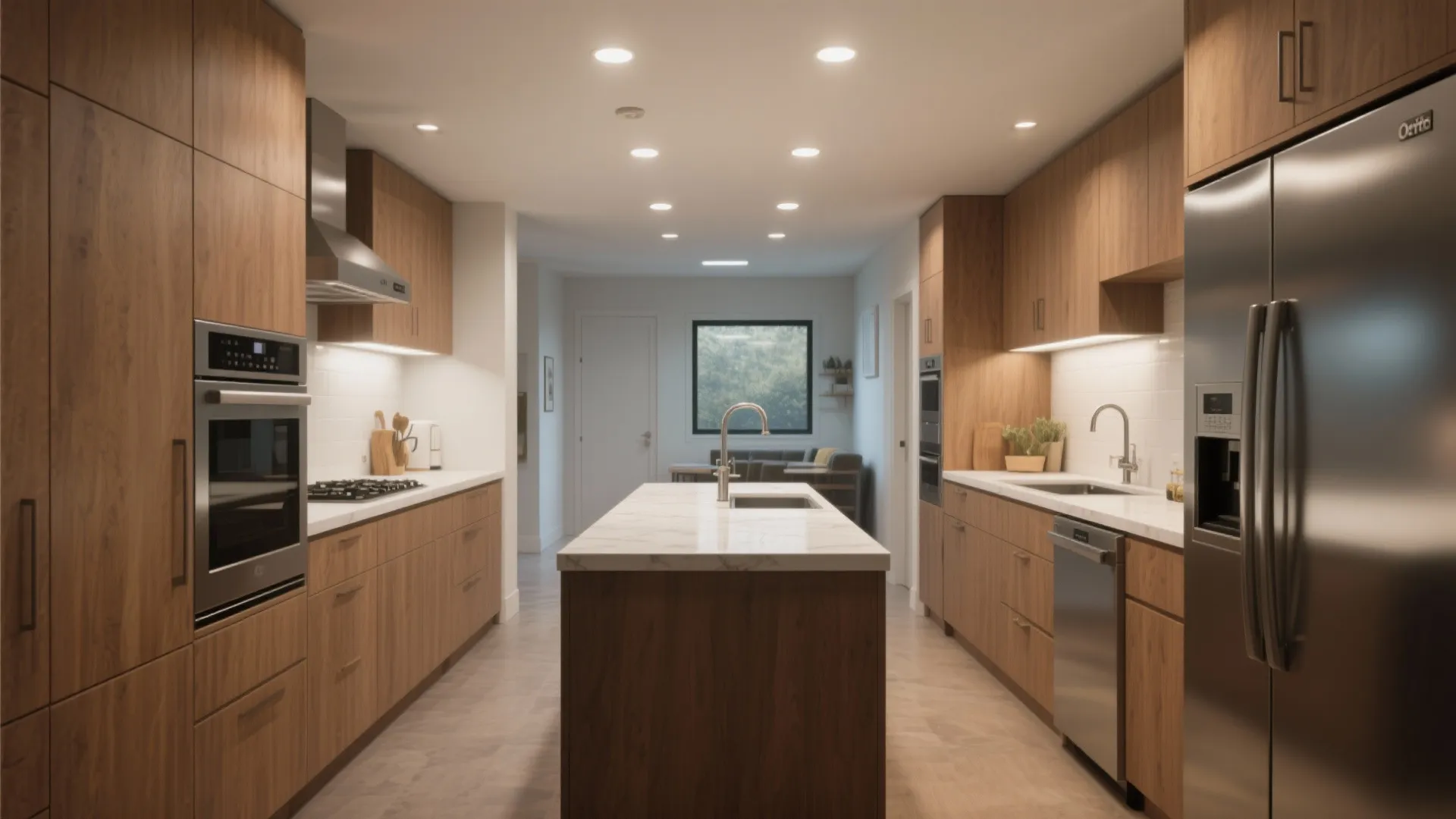 Galley kitchen with recessed lights 24–30 inches from the wall illuminating countertops for task work.