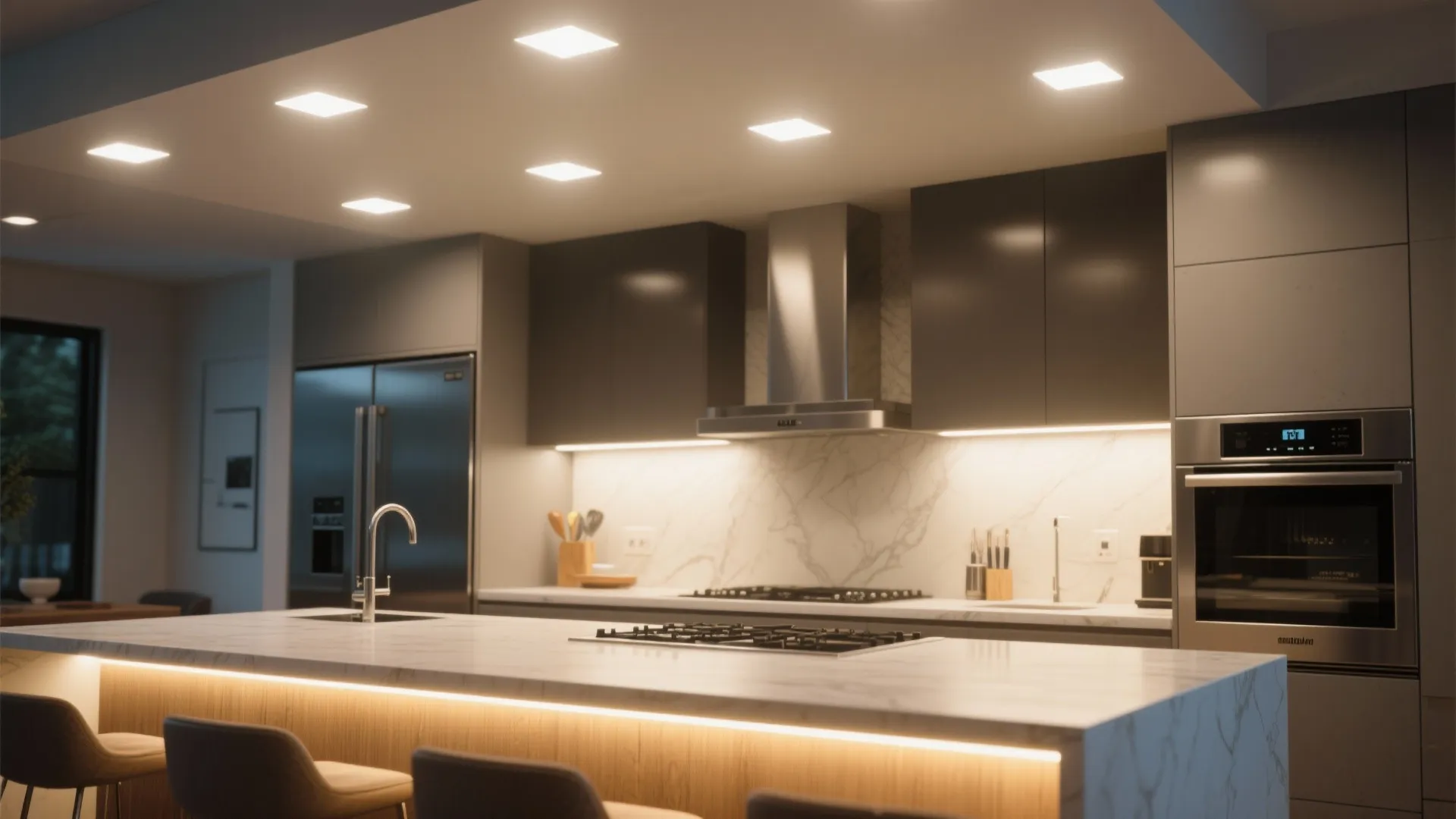 Kitchen with clusters of recessed lights over island and under-cabinet lighting for shadow-free counters