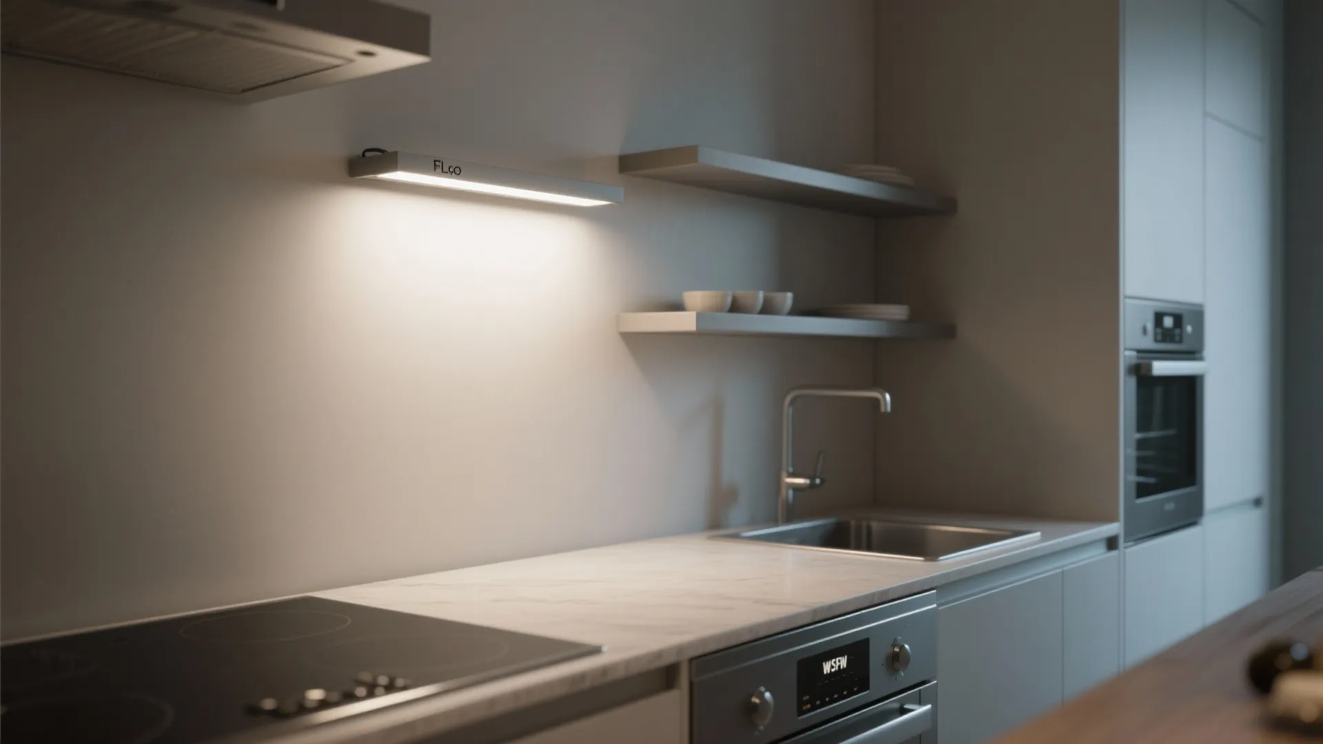 Compact kitchen prep area with a slim Flos wall light above the counter and floating shelves