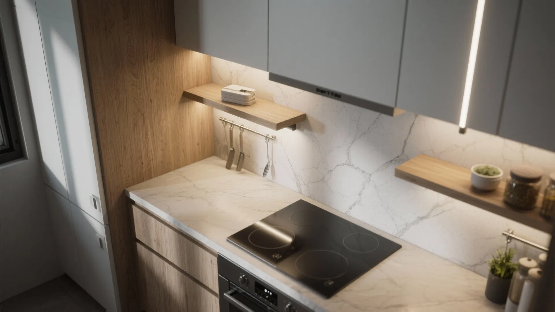 Modern kitchen with white marble countertop black stove and warm light fixture under wood shelves