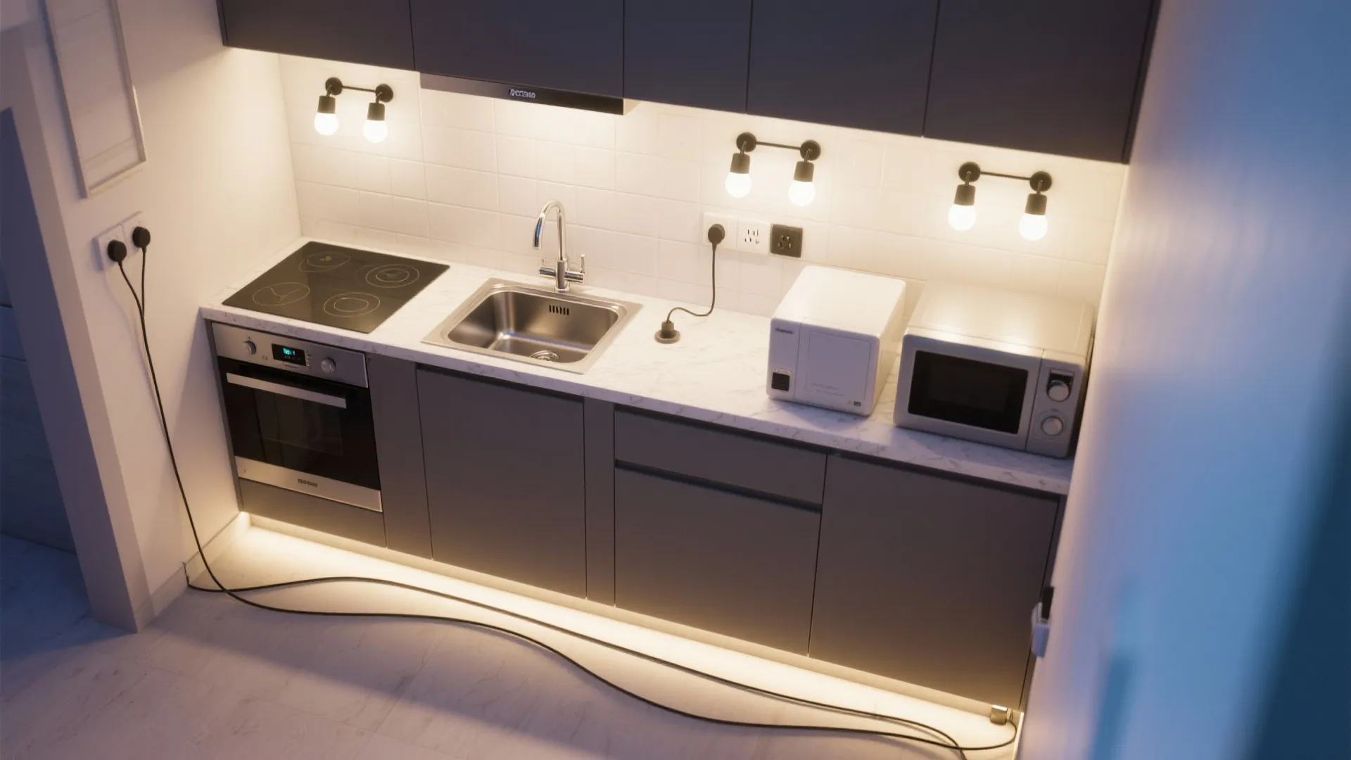 Micro-kitchen with plug-in under-cabinet and wall-mounted task lights creating layered illumination.
