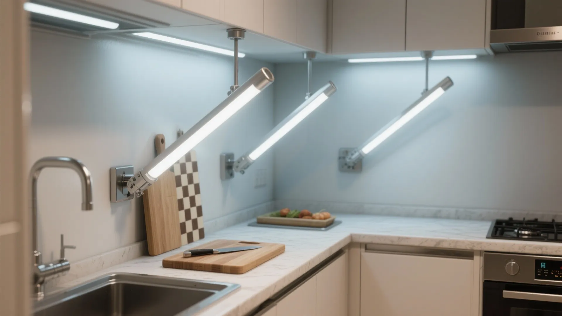 White kitchen counter with sink cutting board and adjustable long light fixtures for bright workspace