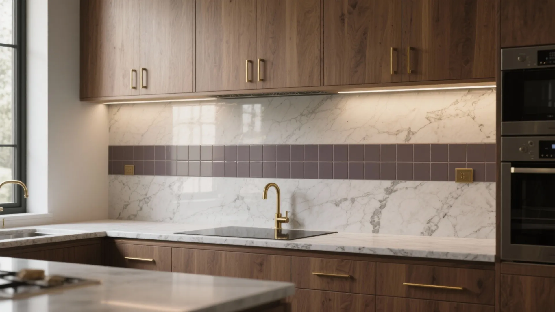 Modern kitchen featuring wood cabinets marble backsplash purple tile accent gold faucet and wall oven