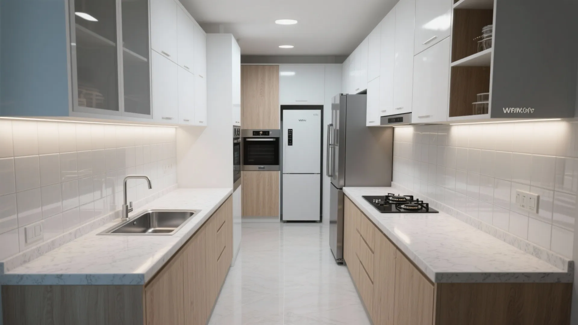Modern kitchen with white upper cabinets, wooden lower cabinets, marble countertops, sink, and silver fridge