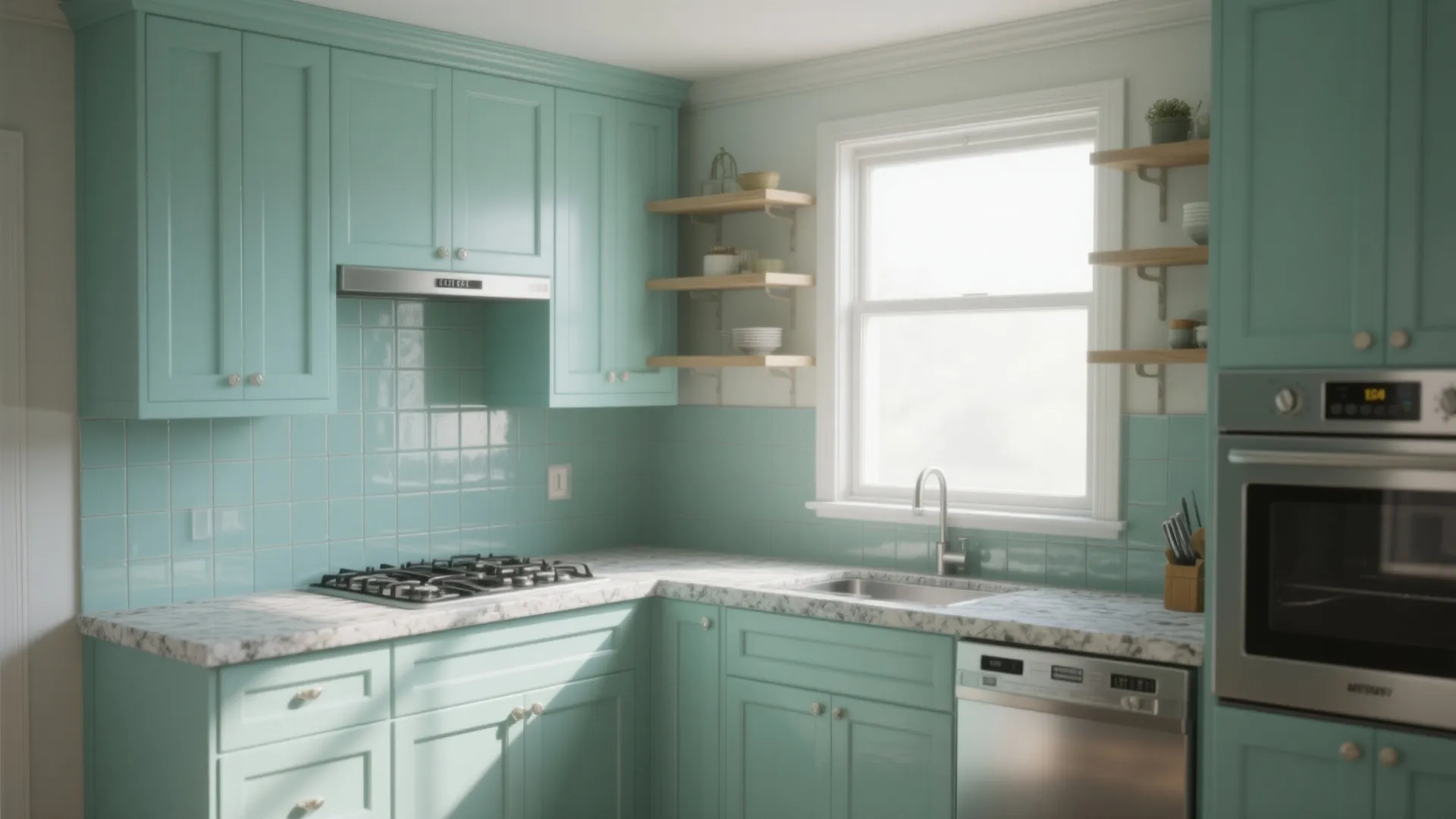 Small kitchen with light teal backsplash and trim, open shelves, and stone counters under soft daylight.