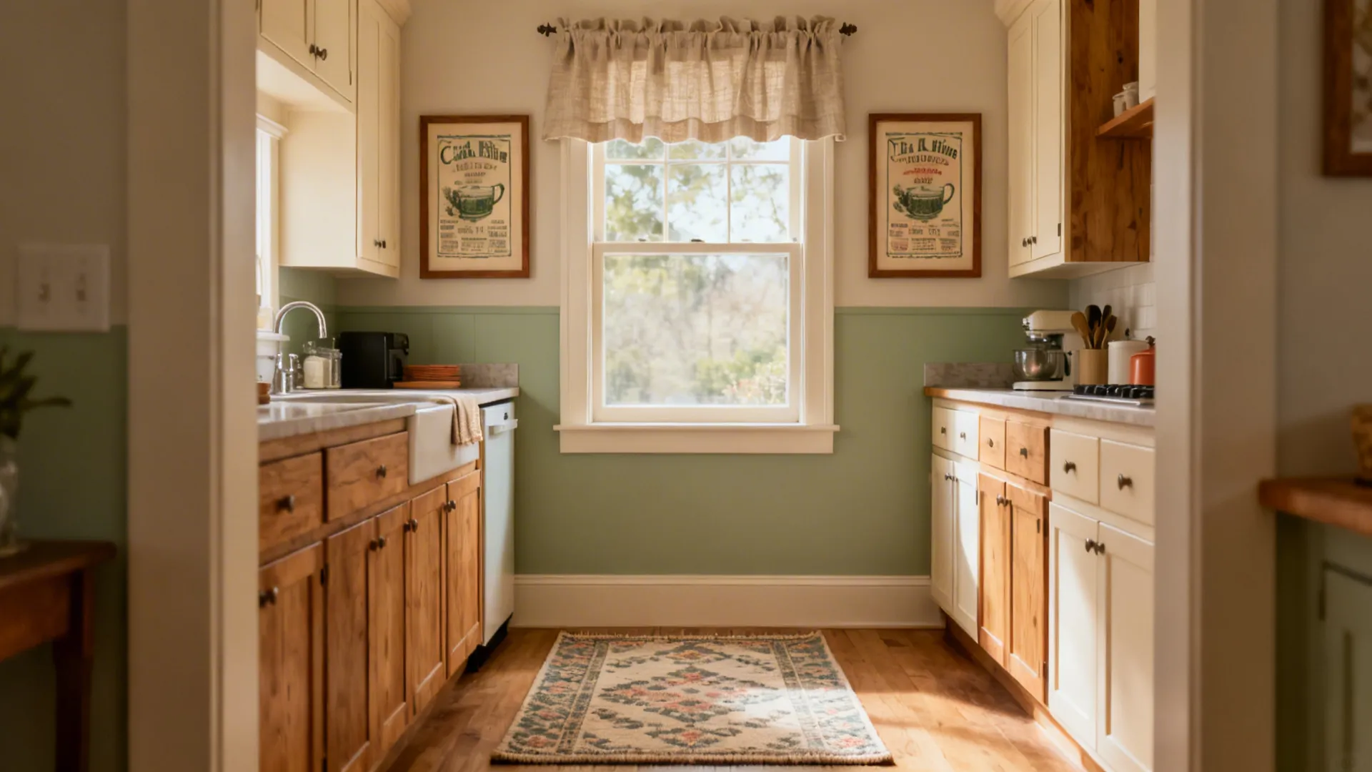Small kitchen with a washable runner, linen café curtain, and framed tea towels adding warmth and color.